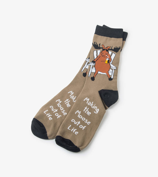Brown crew socks featuring a moose sitting in a chair with text "Making the Moose out of Life" in white.