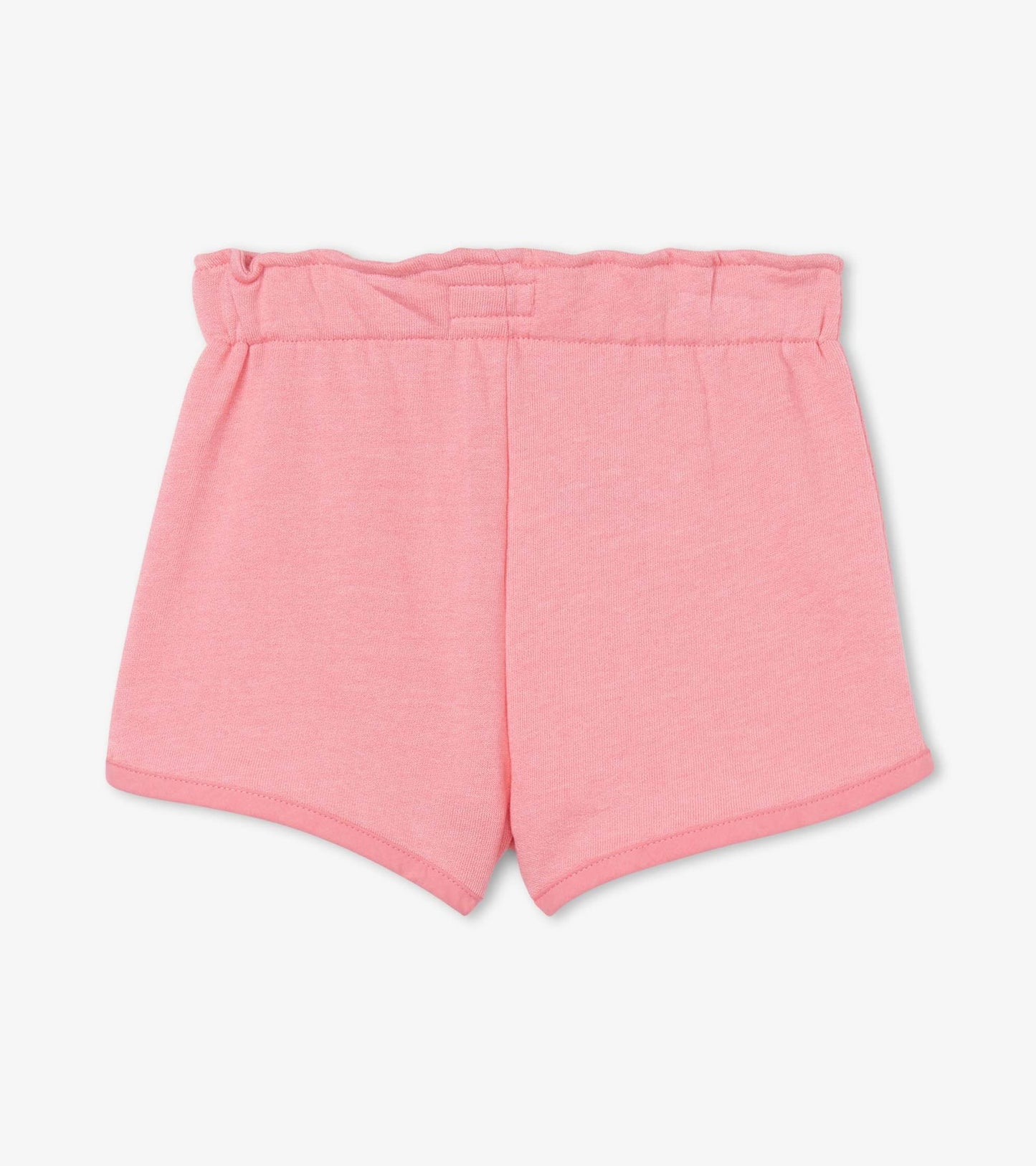 Light pink paper bag shorts with an elastic waistband and a relaxed fit, suitable for casual wear.