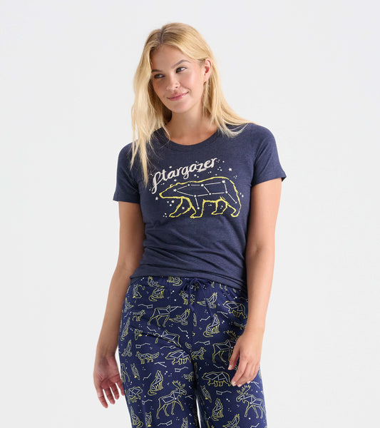 Navy blue cotton pajama t-shirt featuring a bear constellation graphic and short sleeves, styled for casual wear.
