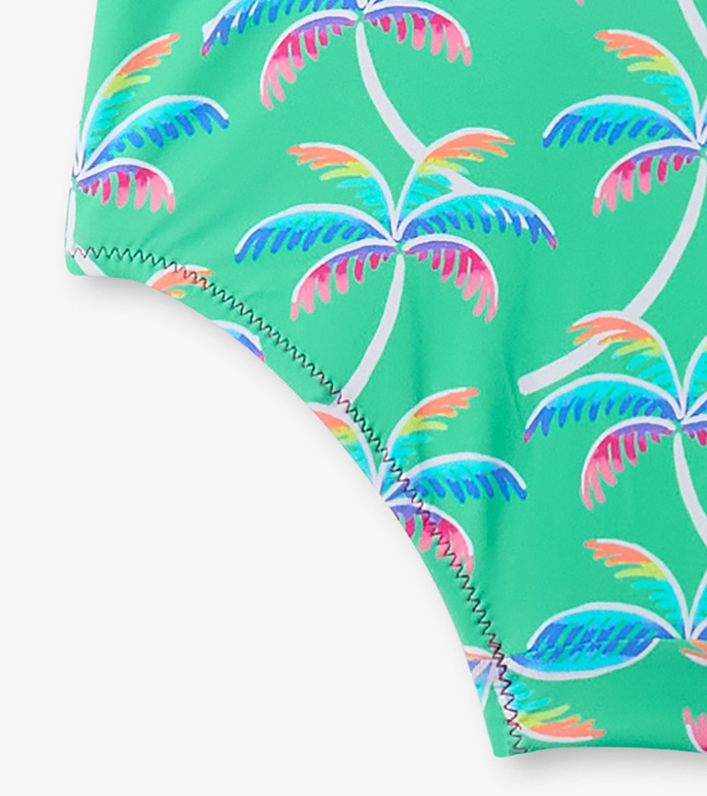 Turquoise swimsuit featuring colorful palm tree print and shoulder bows, ideal for summer beachwear.