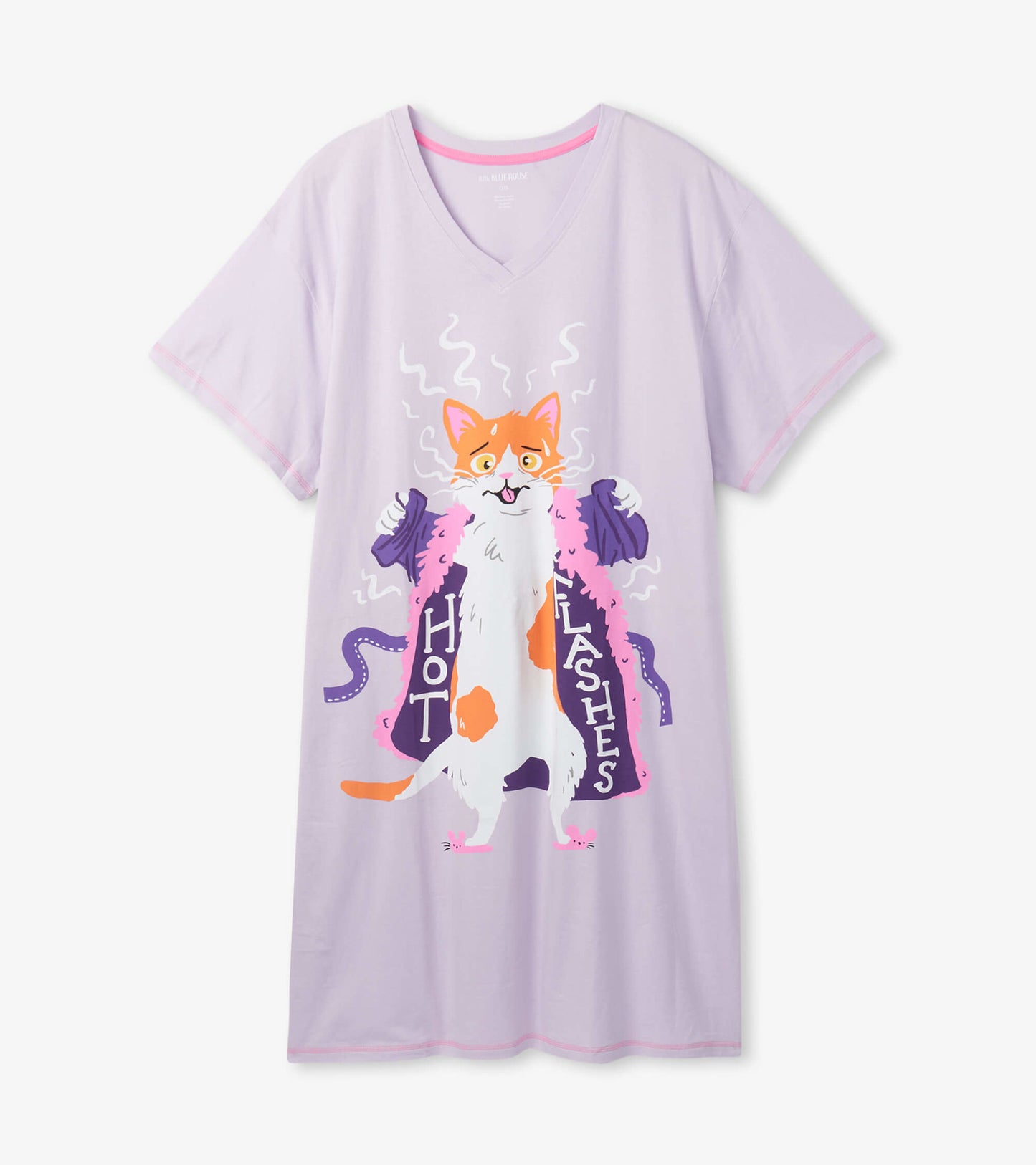 Lavender sleepshirt featuring a playful cat graphic with "HOT FLASHES" text, V-neck, and short sleeves.