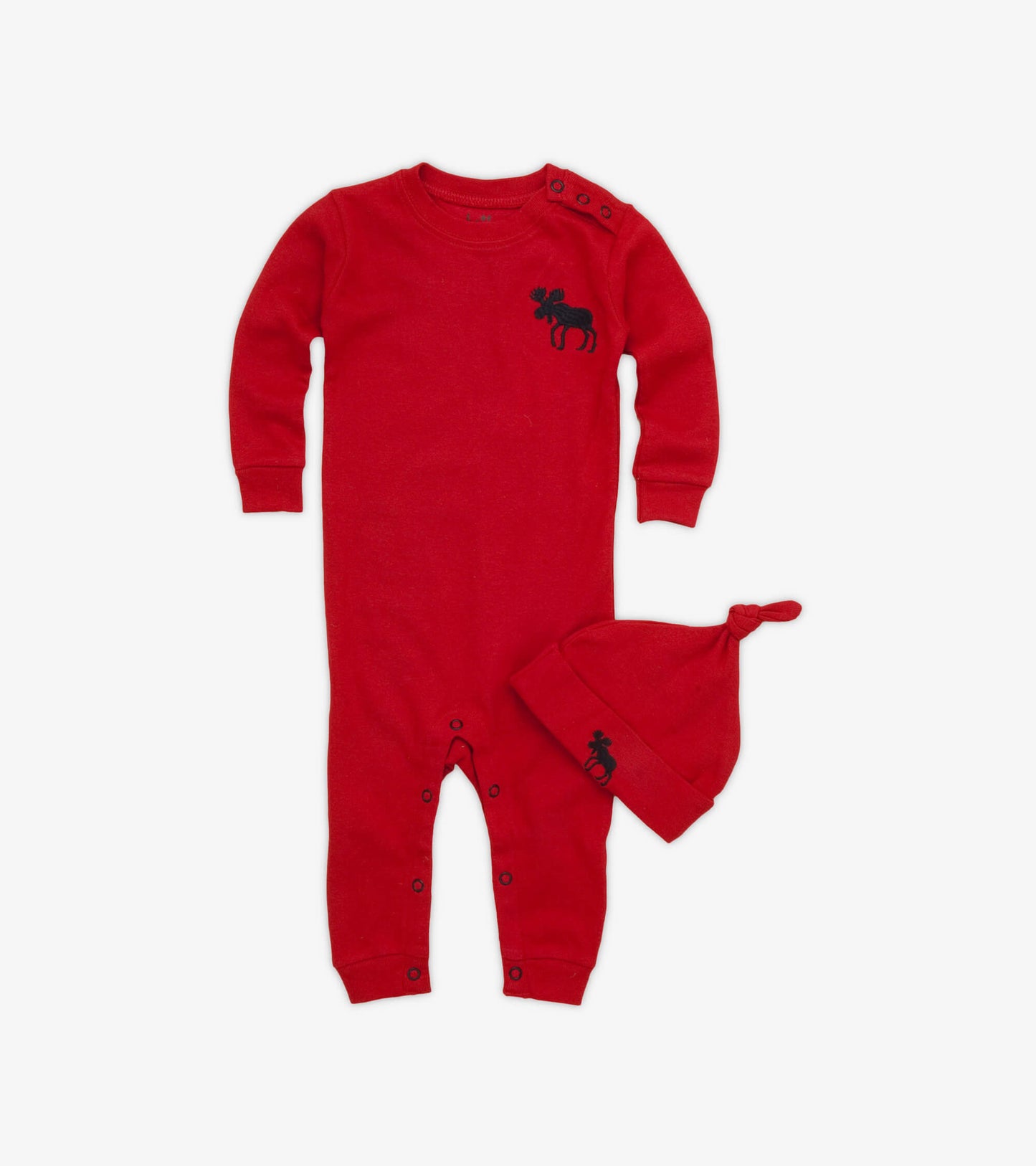 Red baby sleeper with long sleeves, button closure, and a matching hat featuring a moose design.