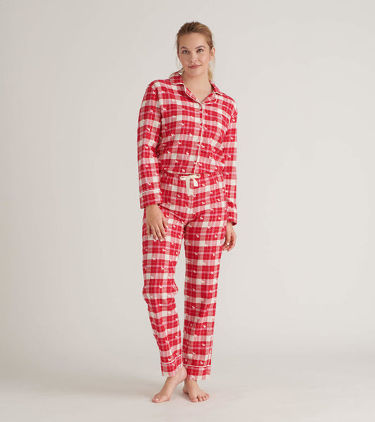 Red and white plaid flannel pajama set with long sleeves and drawstring pants, perfect for cozy lounging.
