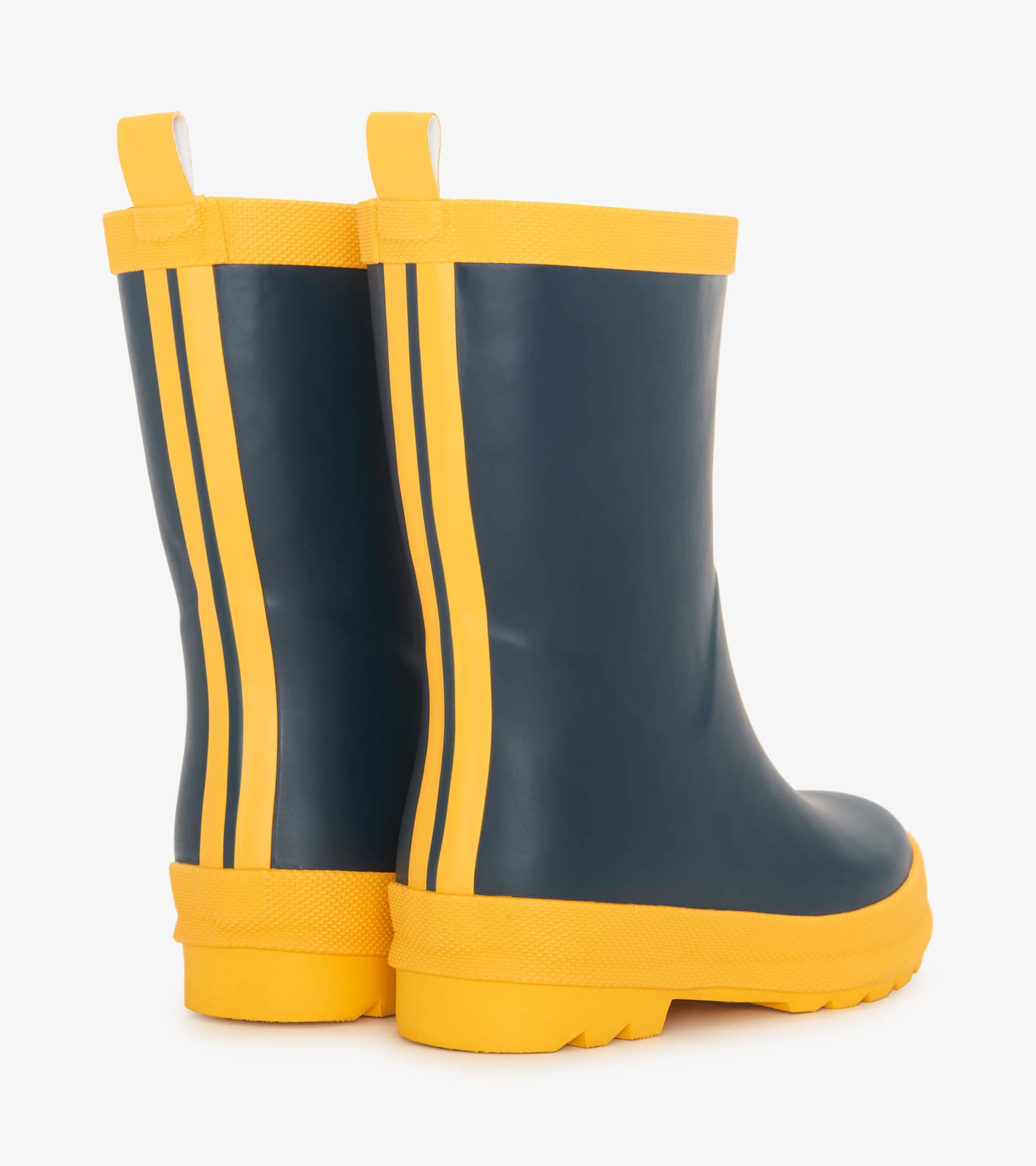 Navy blue matte rain boots with yellow accents and stripes, featuring a sturdy sole and pull tabs for easy wear.