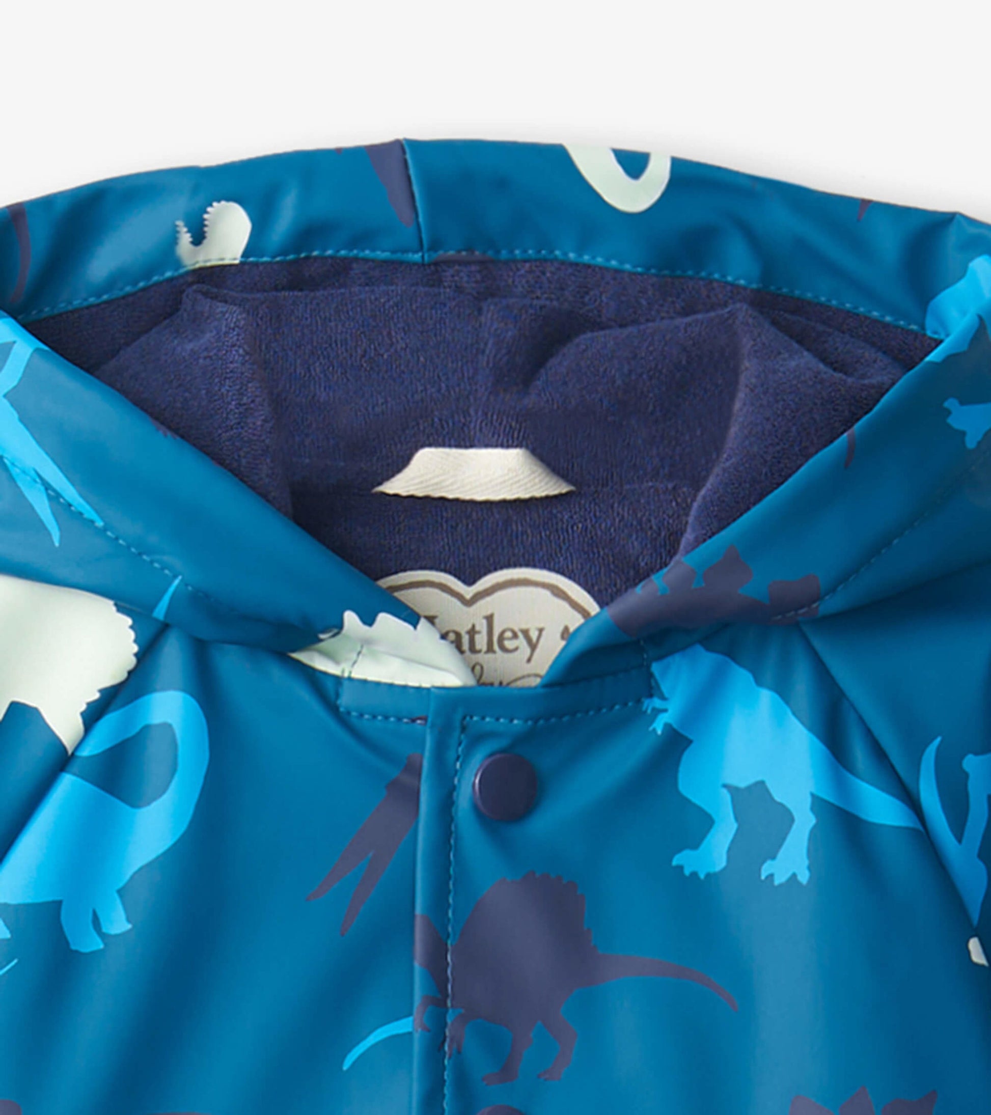 Blue waterproof raincoat featuring colorful dinosaur patterns, with a soft interior lining and a hood.