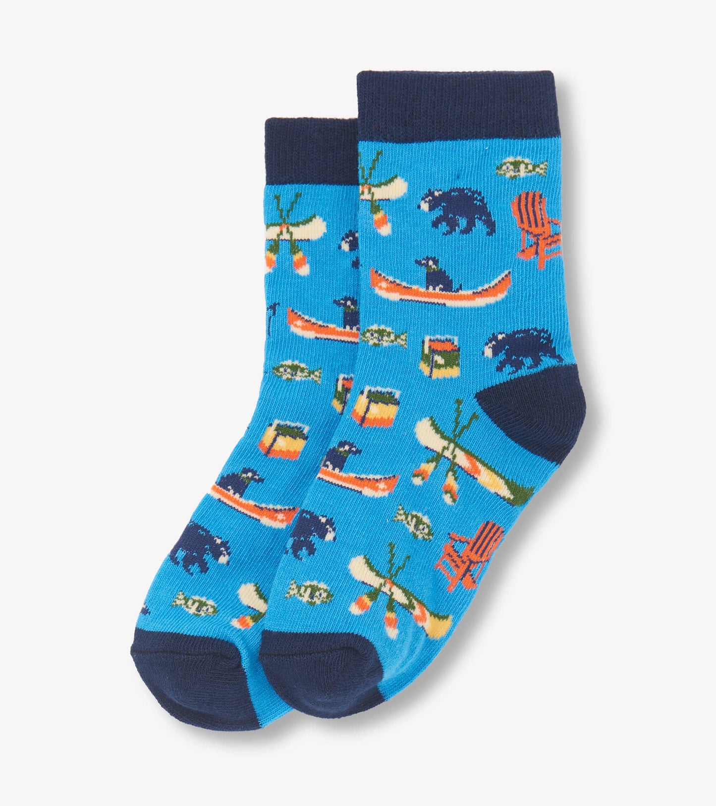 Blue crew socks featuring a playful lake-themed pattern with bears, canoes, and fishing motifs.