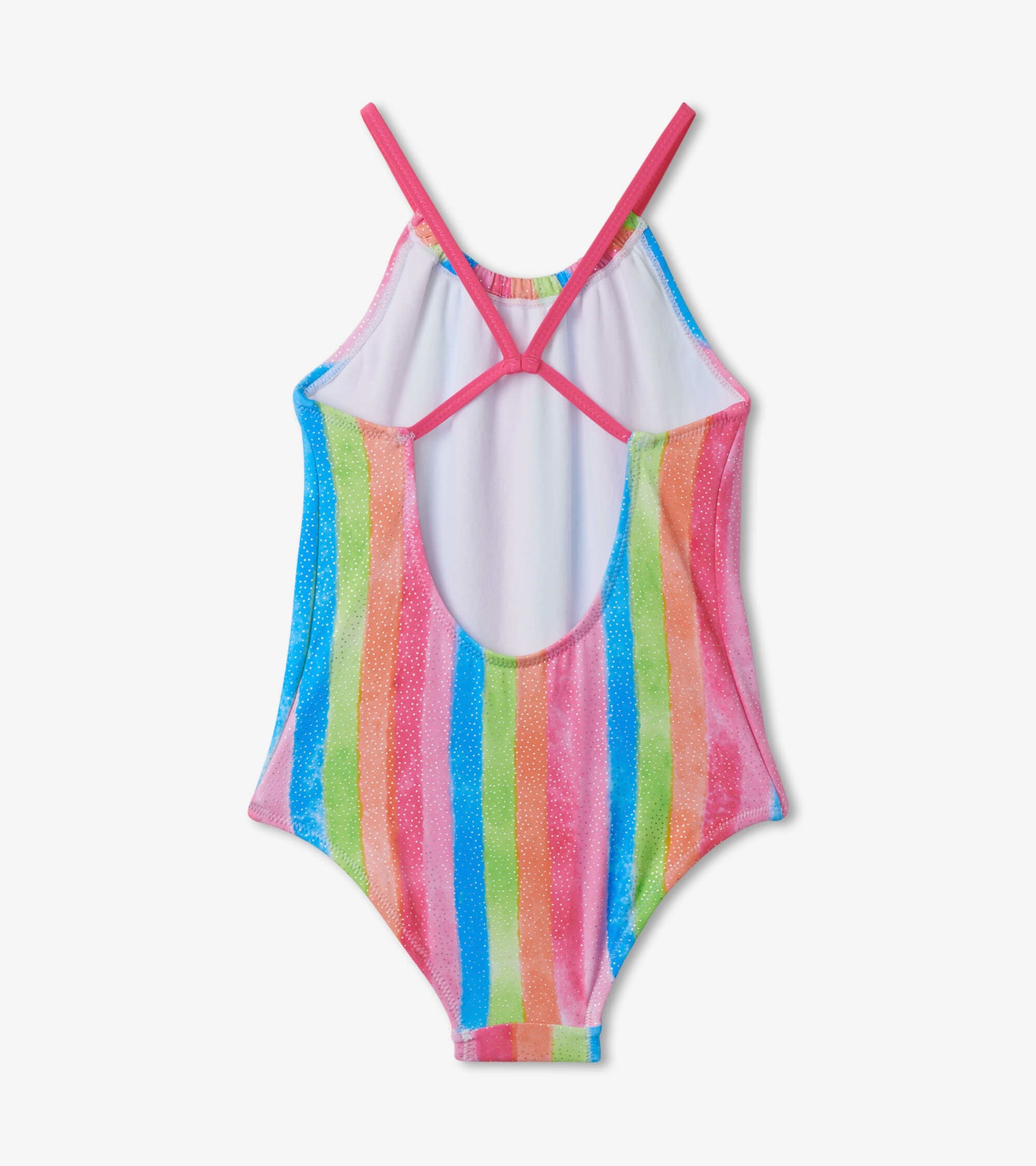Colorful rainbow striped swimsuit with a pink trim and open back design, suitable for kids.