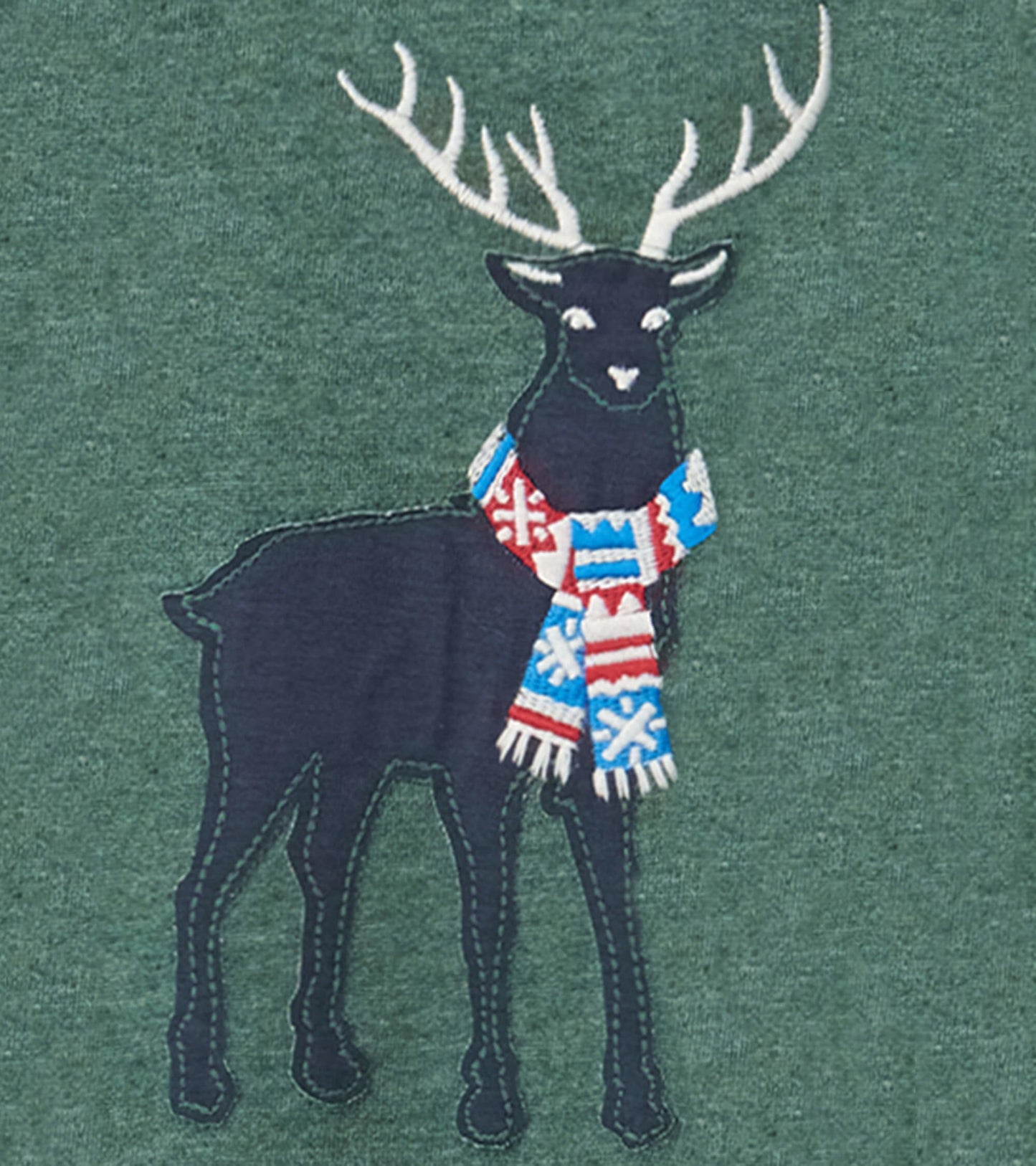 Green pullover sweatshirt featuring a black stag with antlers wearing a colorful scarf, ideal for holiday wear.