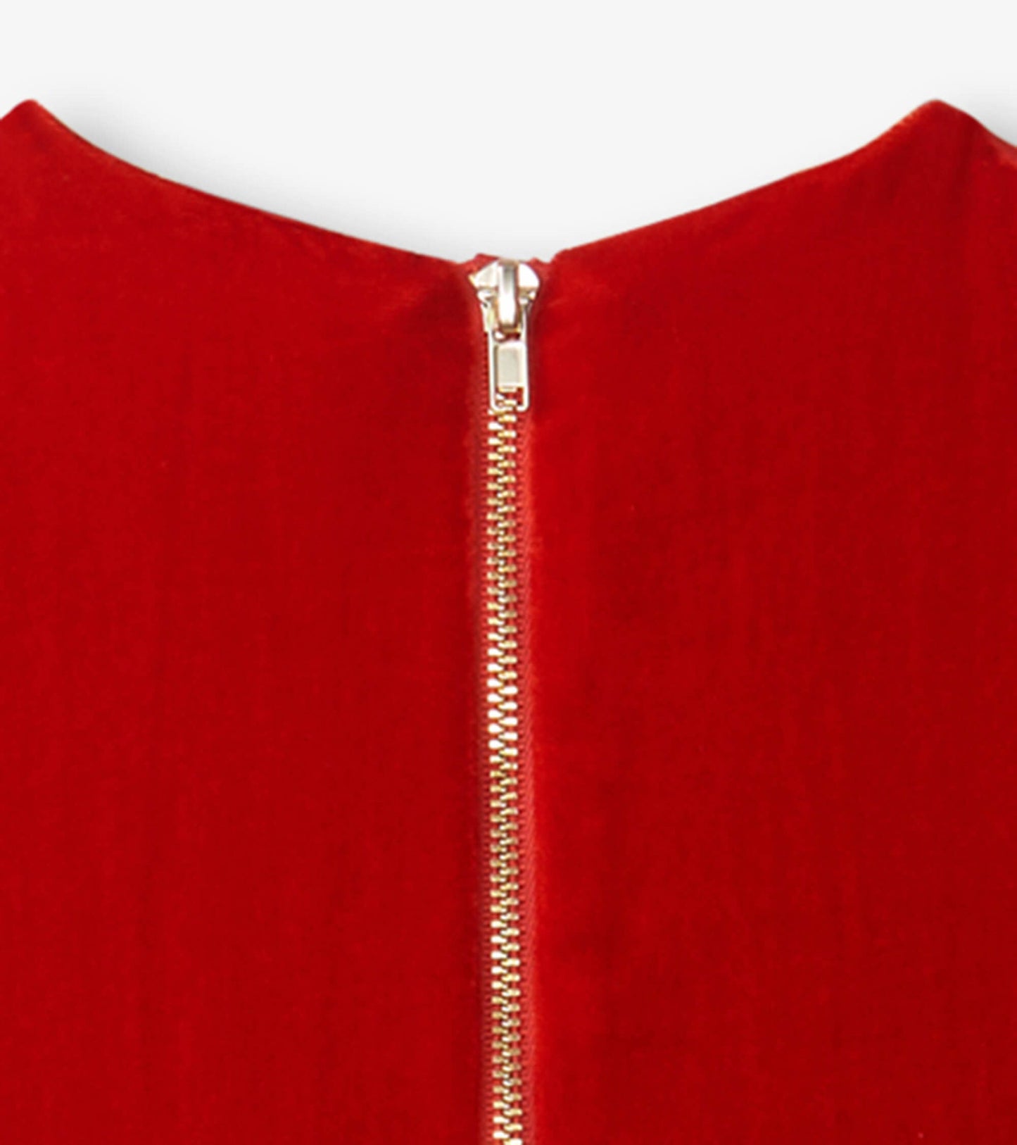 Red velvet dress featuring a smocked panel and a gold zipper at the back.