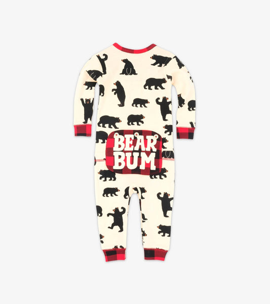 Cream-colored union suit with black bear patterns and a red plaid "BEAR BUM" patch on the back.
