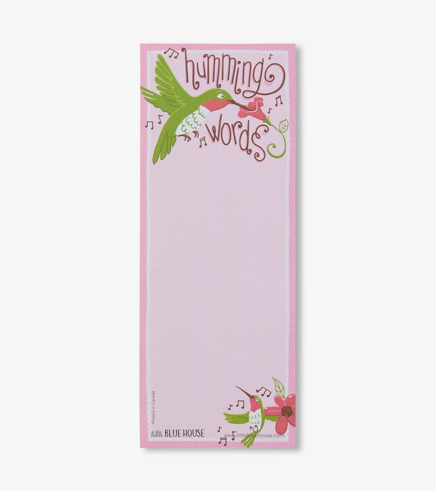 Pink notepad featuring a hummingbird design and musical notes, ideal for making lists or notes.