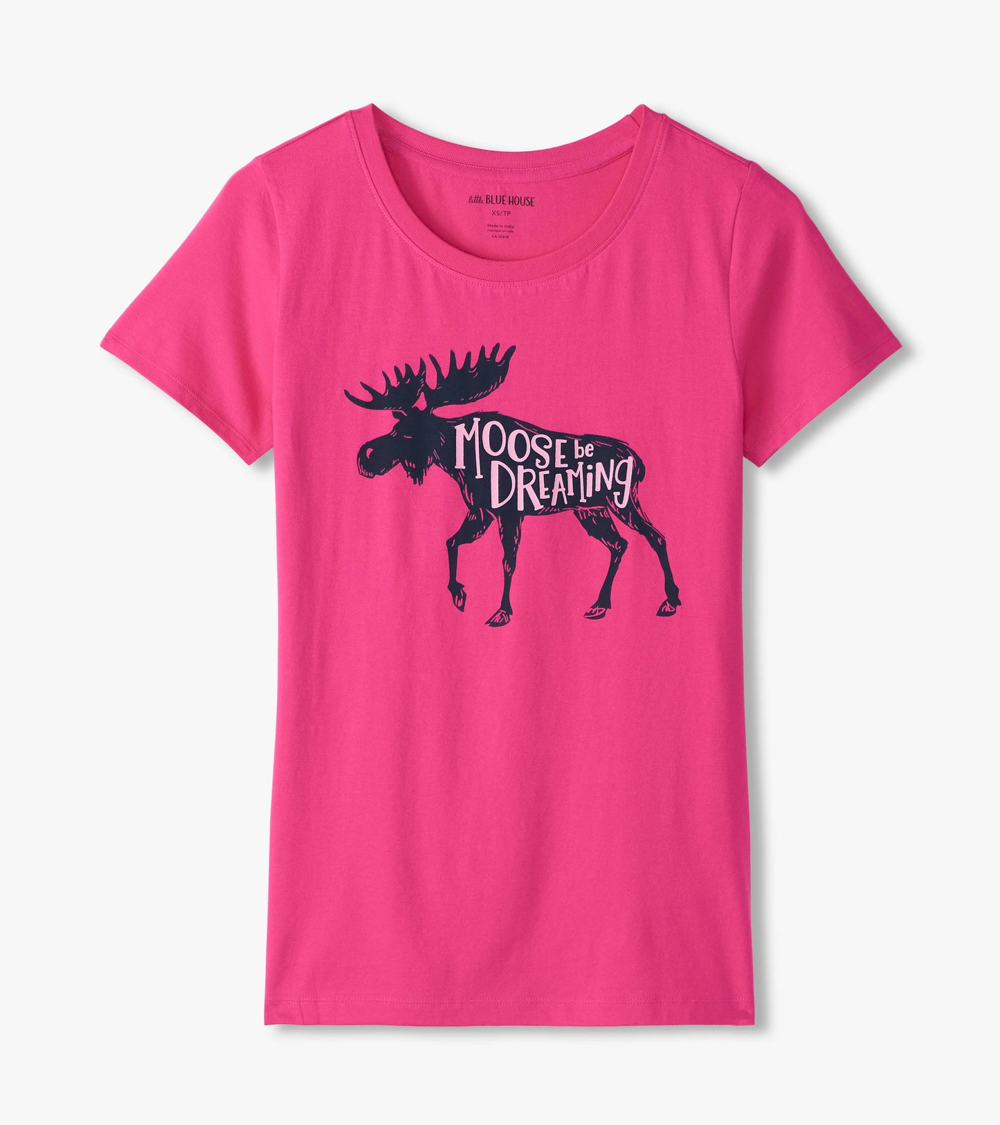 Pink short-sleeve pajama t-shirt featuring a moose graphic with the text "Moose be Dreaming.