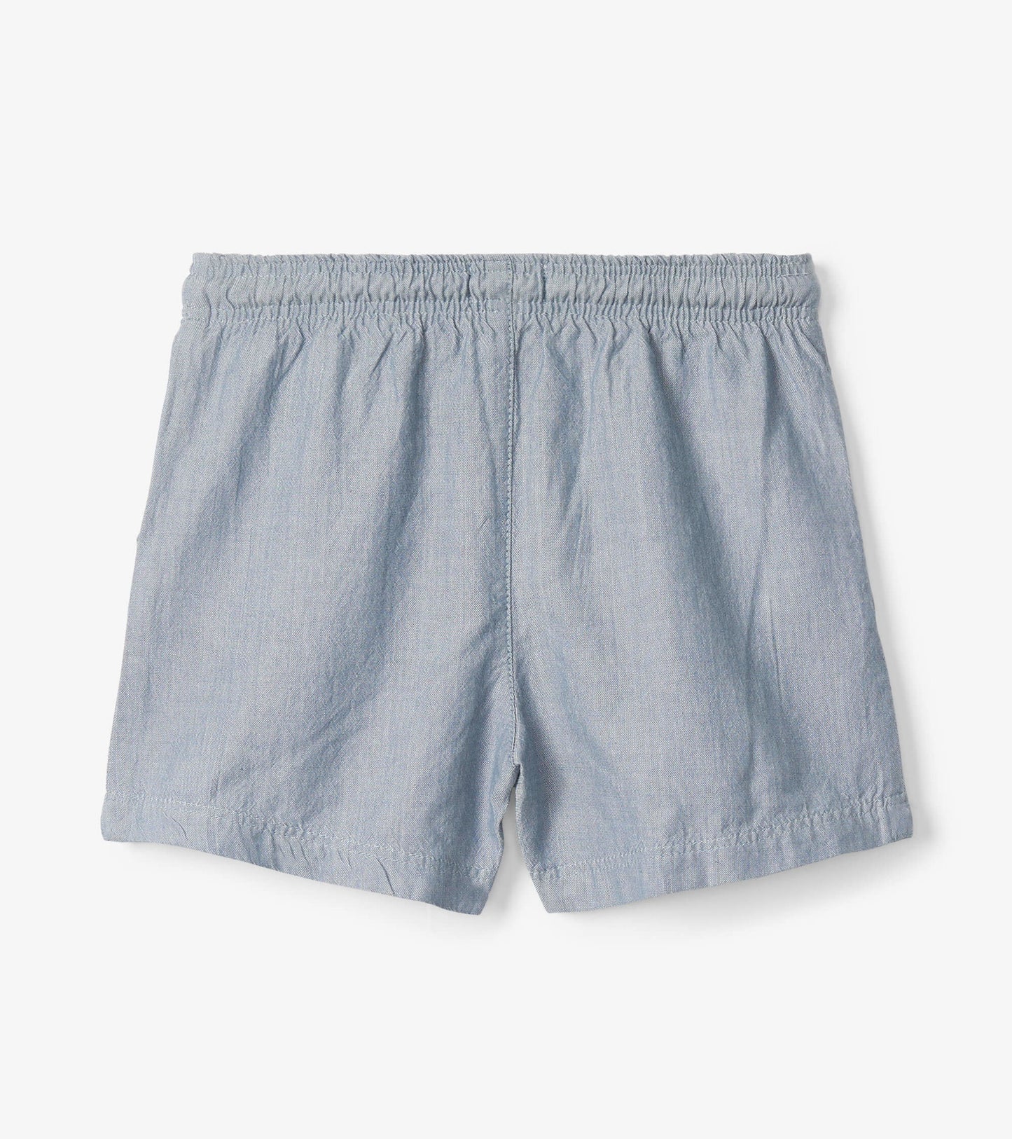 Light blue chambray pull-on shorts with an elastic waistband, designed for baby and toddler boys.
