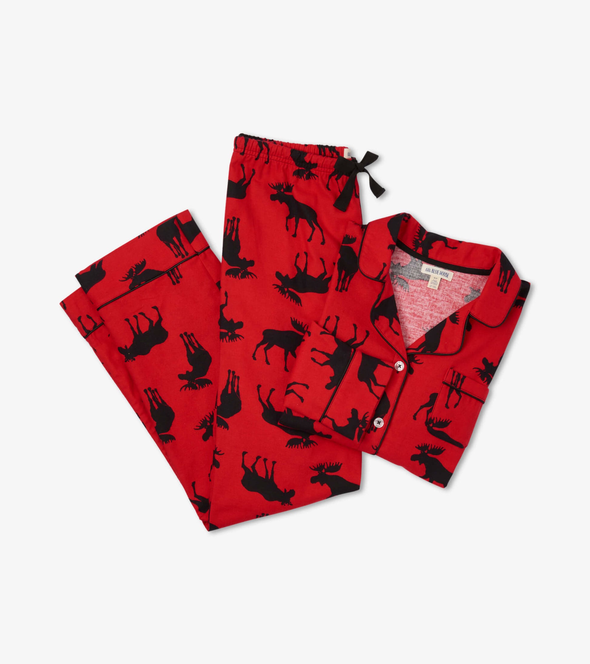 Red flannel pajama set featuring black moose silhouettes, includes a button-up top and elastic waistband pants.