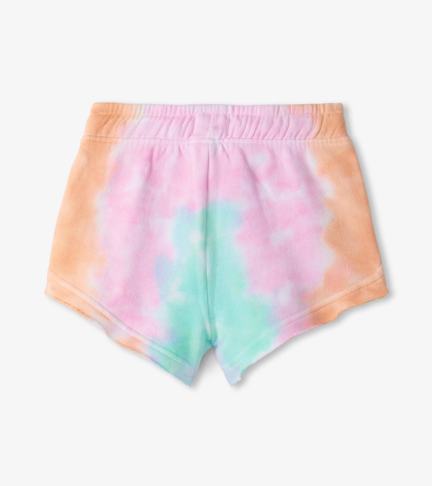 Pastel tie-dye pull-on shorts with an elastic waistband, featuring shades of pink, orange, and green.