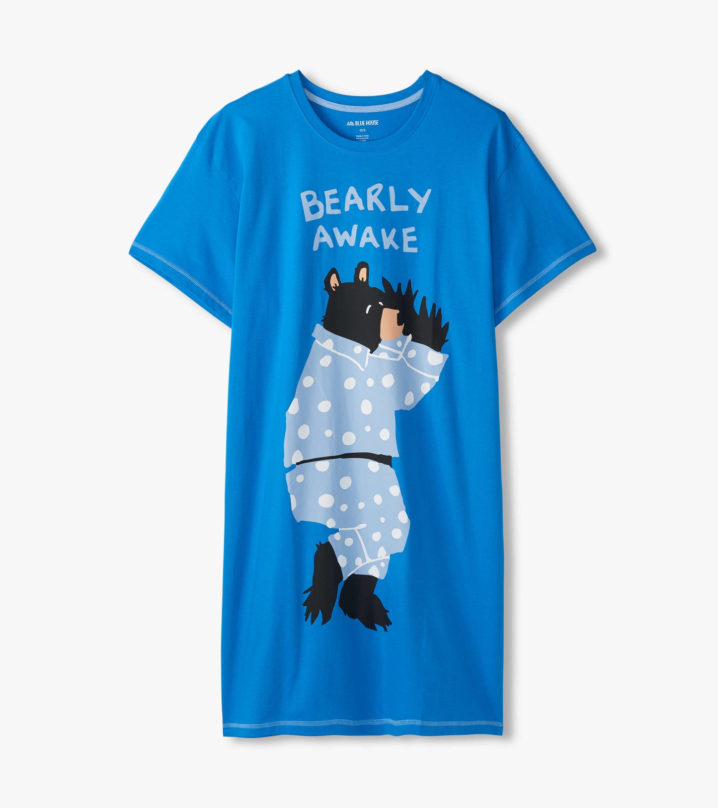 Blue sleepshirt featuring a bear in pajamas with the text "BEARLY AWAKE," made from soft, comfortable fabric.
