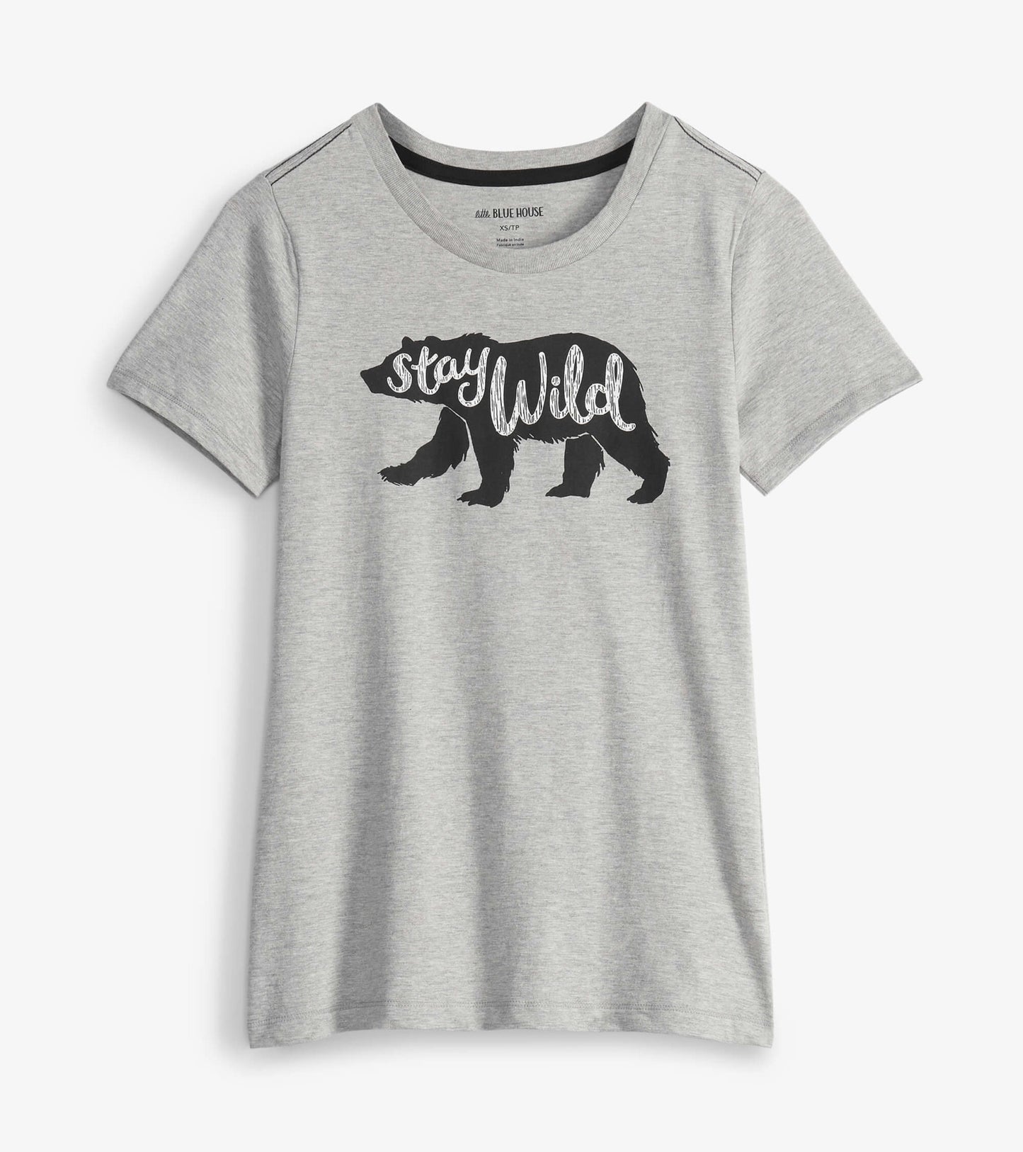 Gray short-sleeve pajama t-shirt featuring a black bear graphic with the text "stay Wild.