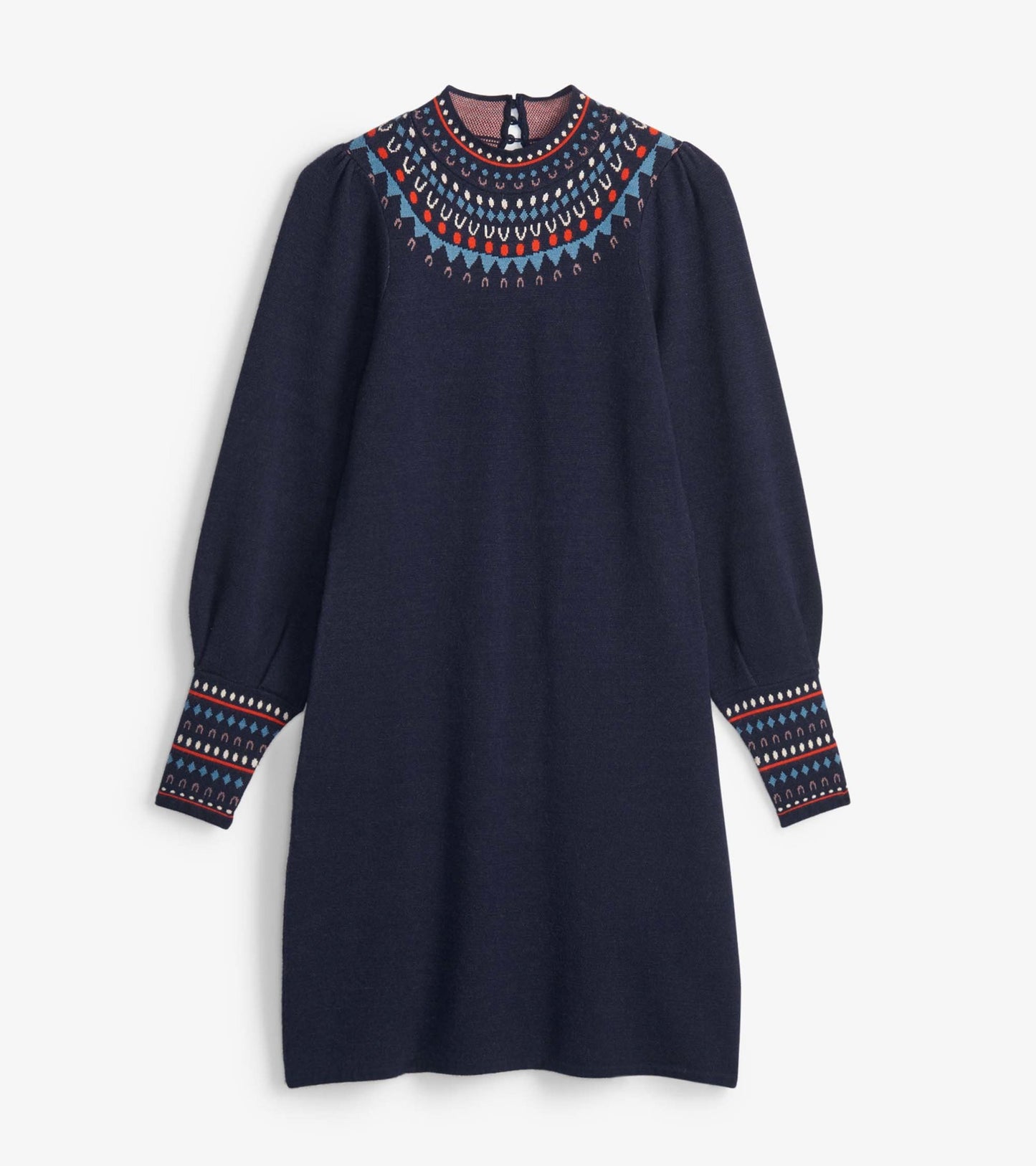 Navy sweater dress with a decorative patterned neckline and long sleeves, featuring a relaxed fit and back button closure.