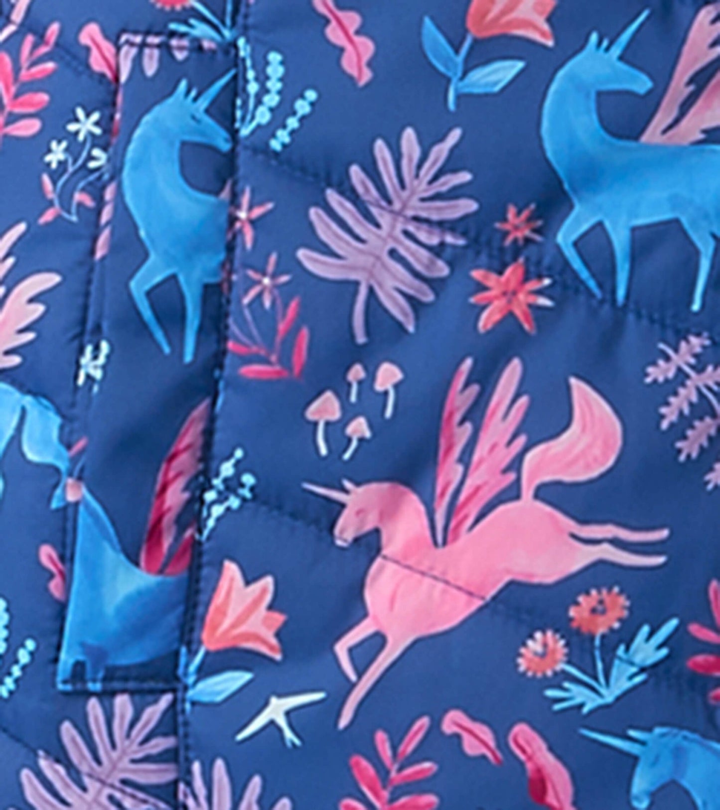 Navy puffer jacket featuring colorful unicorns and floral patterns, designed for kids.