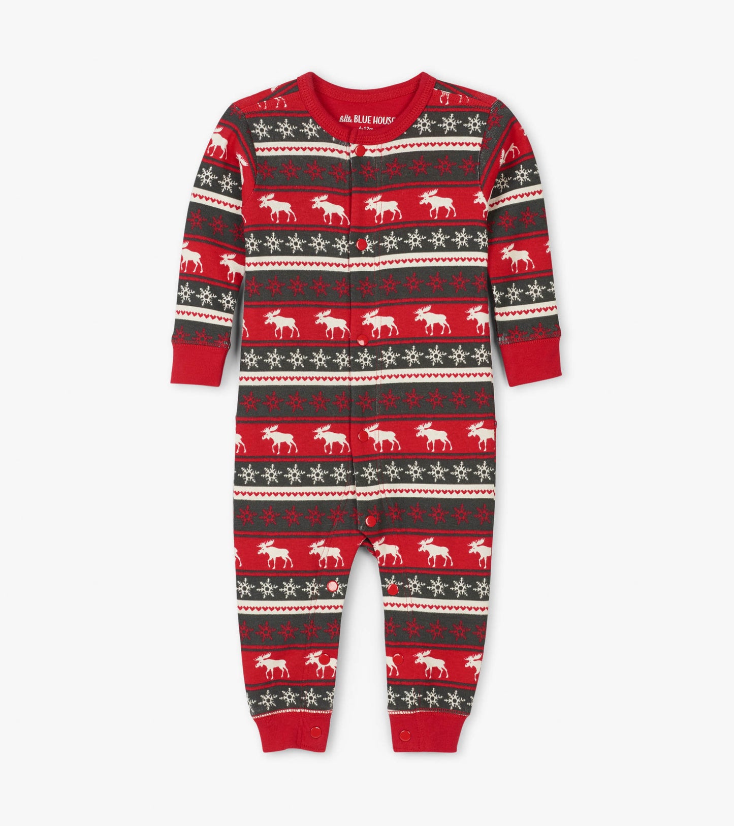 Red and gray Fair Isle union suit featuring moose and snowflake patterns, with long sleeves and snap closures.