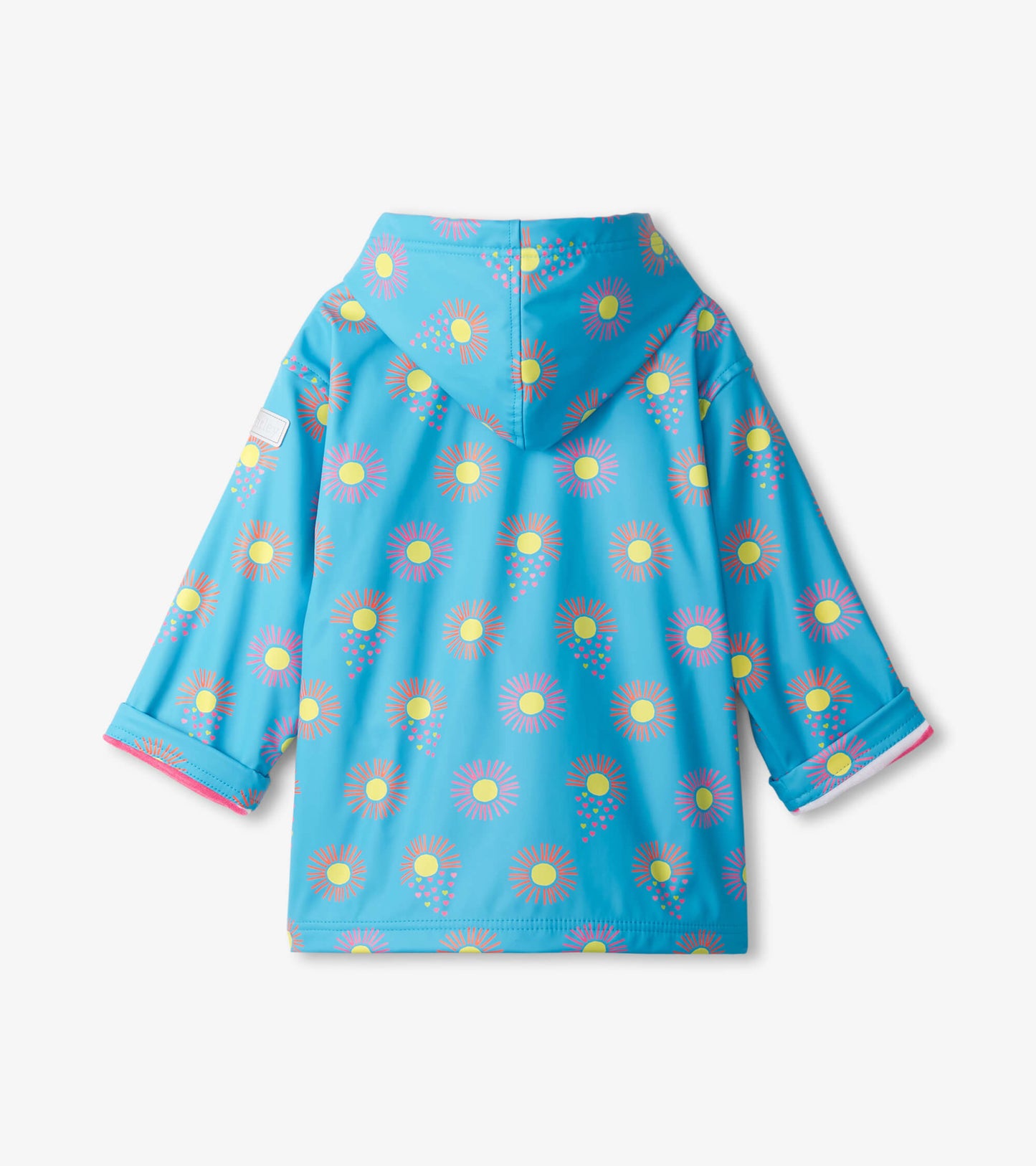 Light blue zip-up rain jacket with sun and flower pattern, featuring a hood and rolled sleeves.