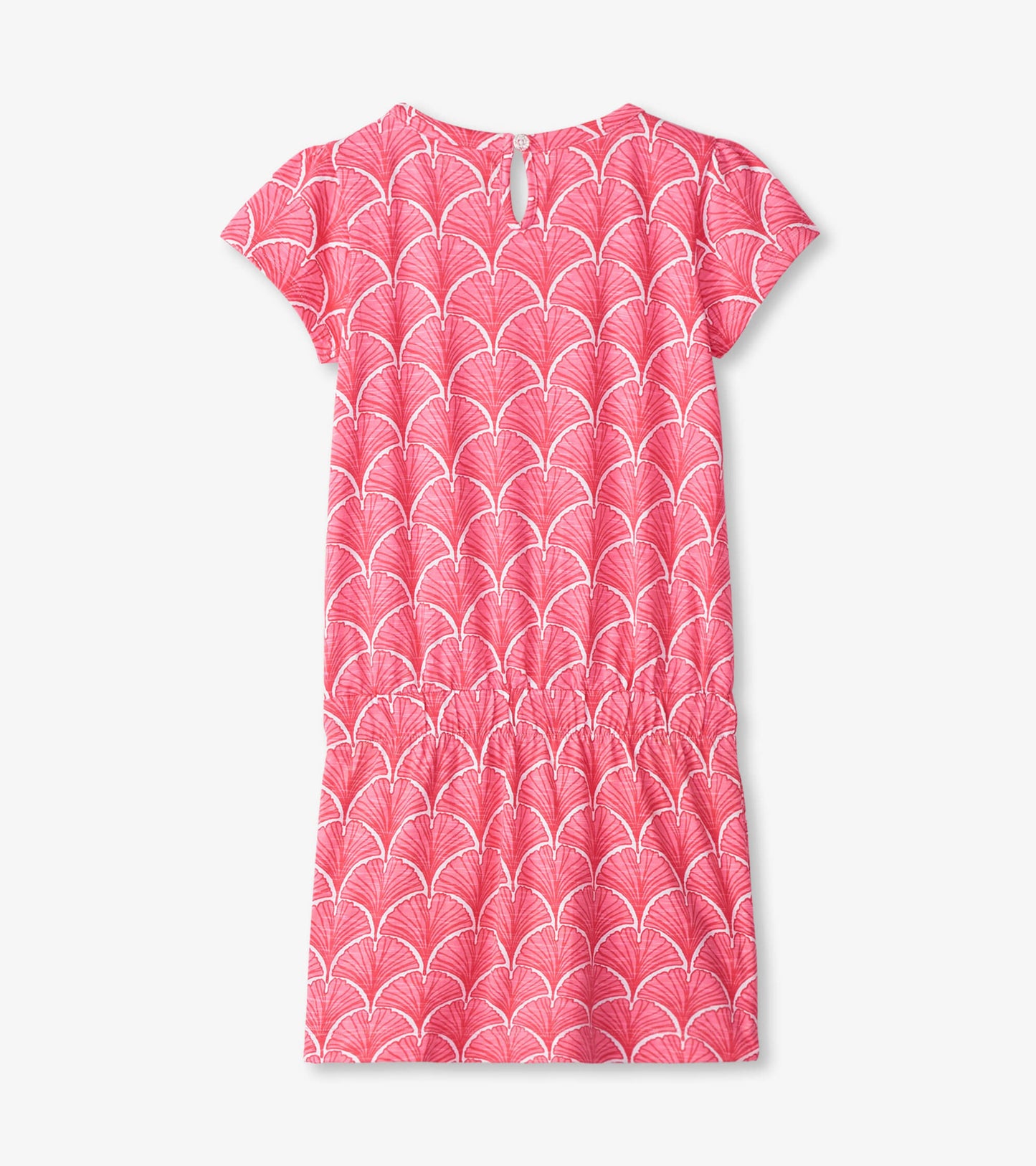 Coral T-shirt dress featuring a fan pattern, short sleeves, and a gathered waist, shown from the back.