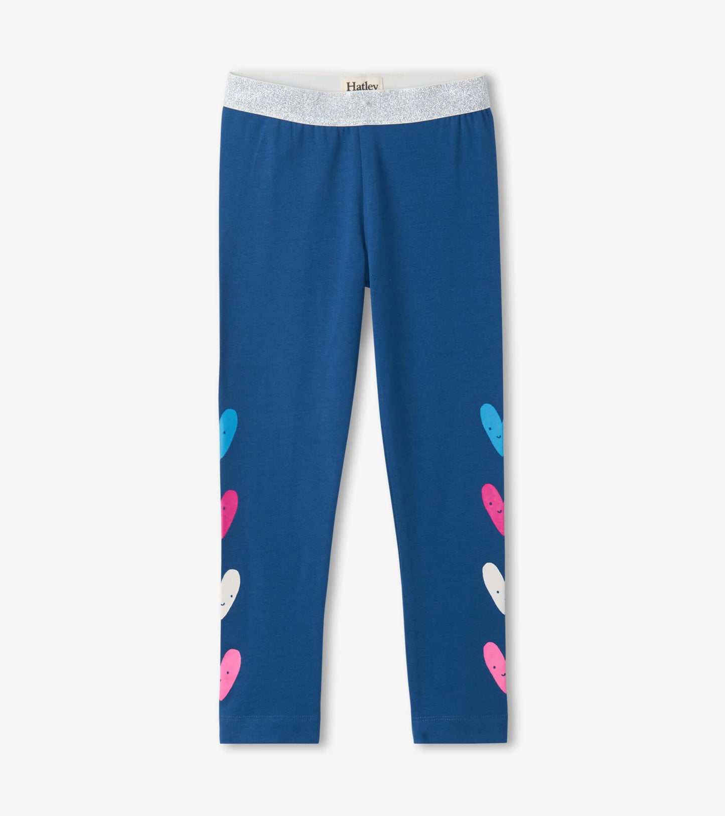 Blue leggings featuring colorful heart patterns along the sides and a sparkly waistband. Suitable for active wear.