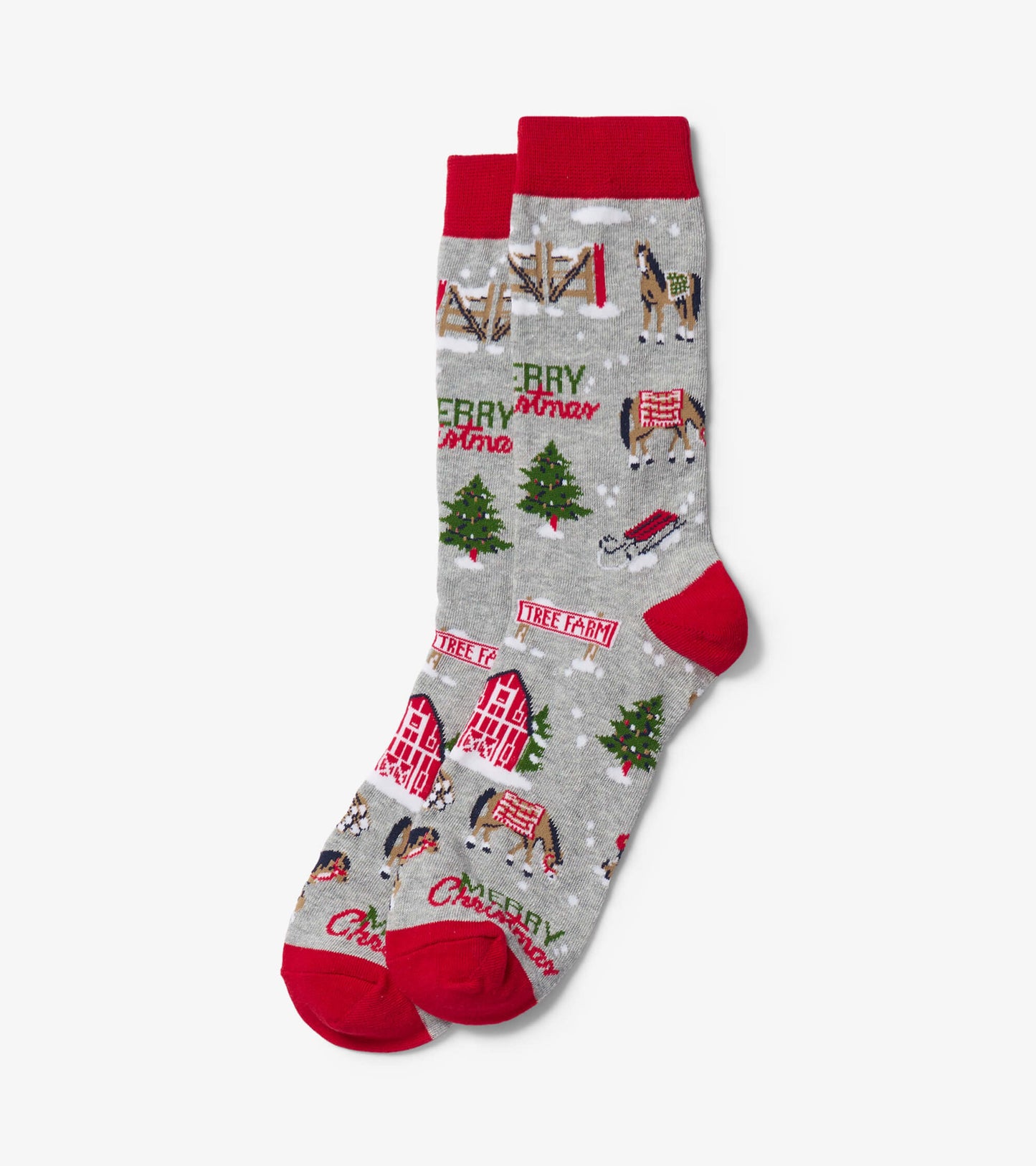 Gray crew socks with red accents, featuring a festive Christmas pattern of trees, horses, and holiday signs.