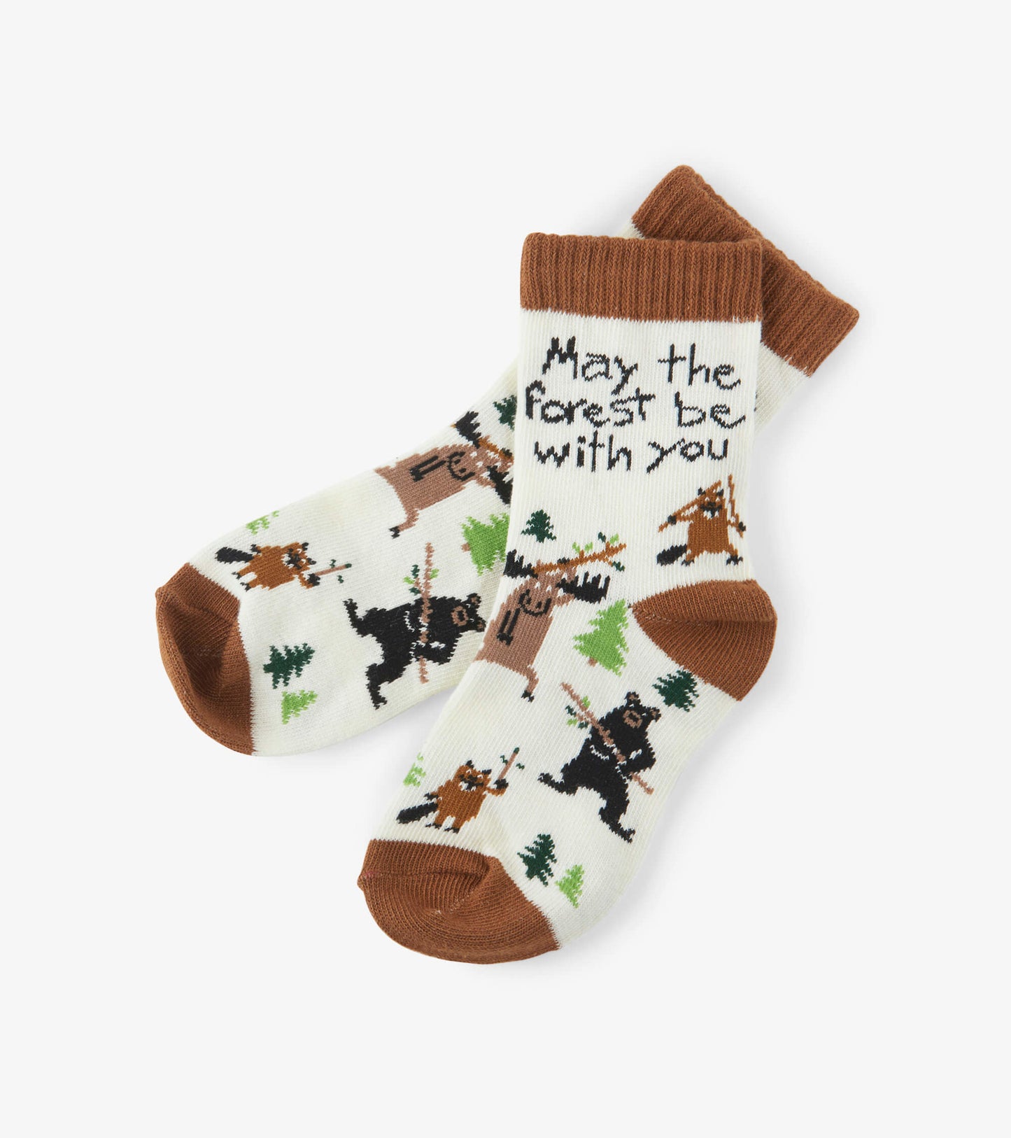 Cream crew socks featuring playful forest animal designs and brown accents, suitable for kids aged 2-7.