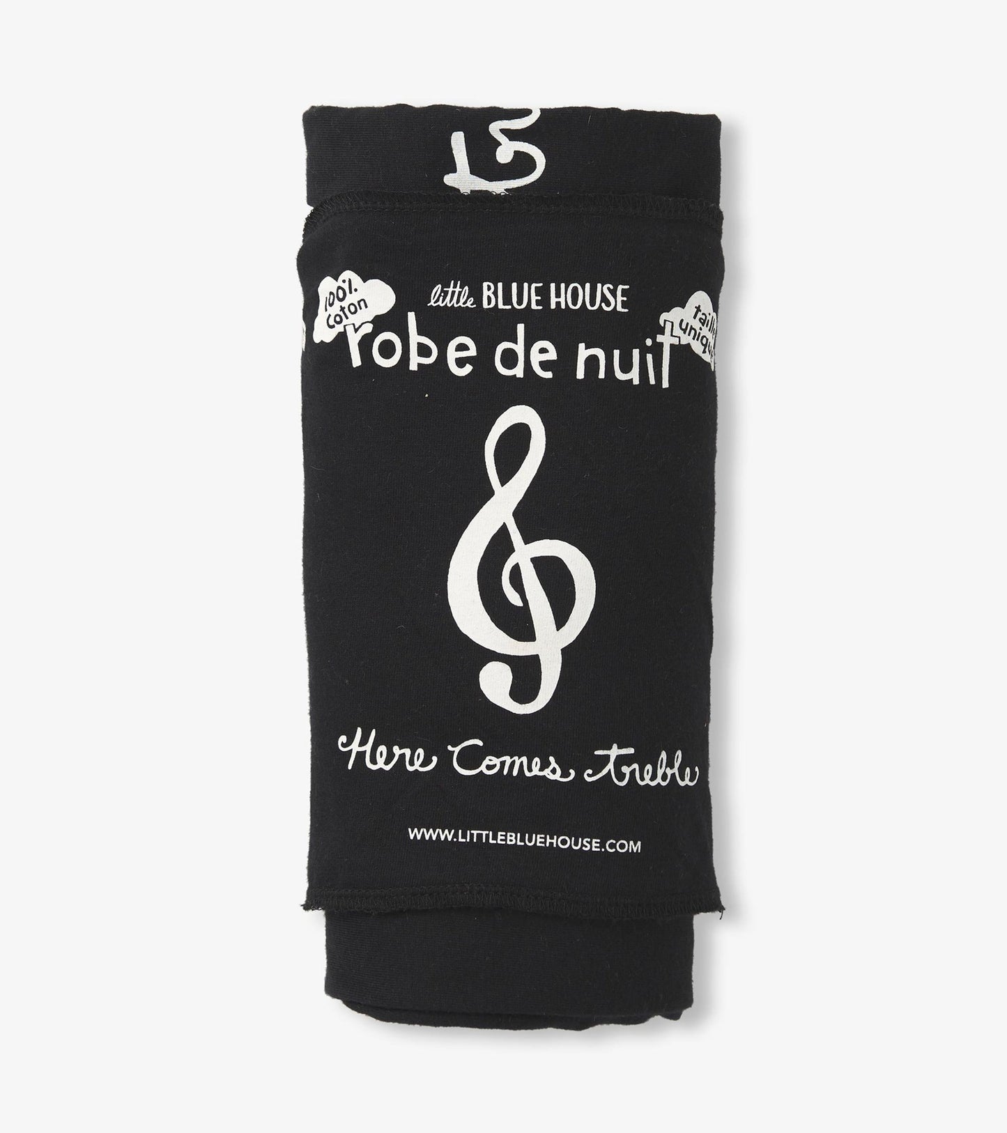 Black sleepshirt featuring a musical treble clef design and text, made from soft cotton material.