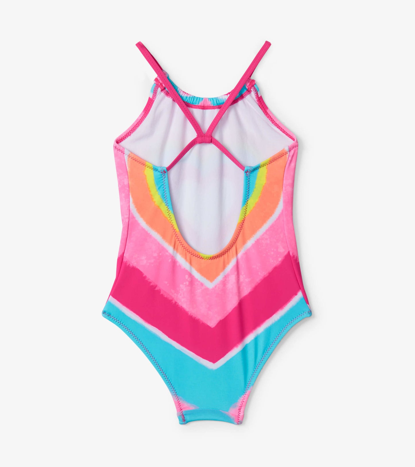Psychedelic heart-patterned swimsuit in pink, blue, and orange with a gathered front and crisscross back design.