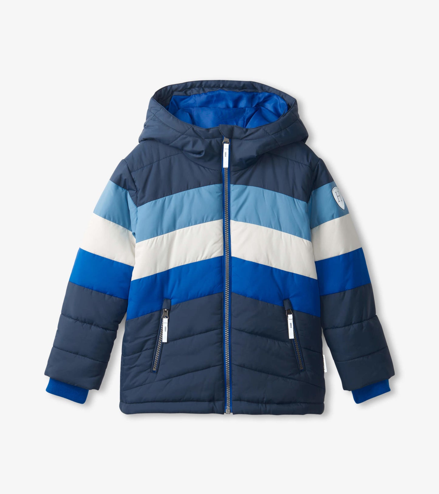 Black and blue puffer jacket with a hood, featuring chevron stripes and zippered pockets. Front view.