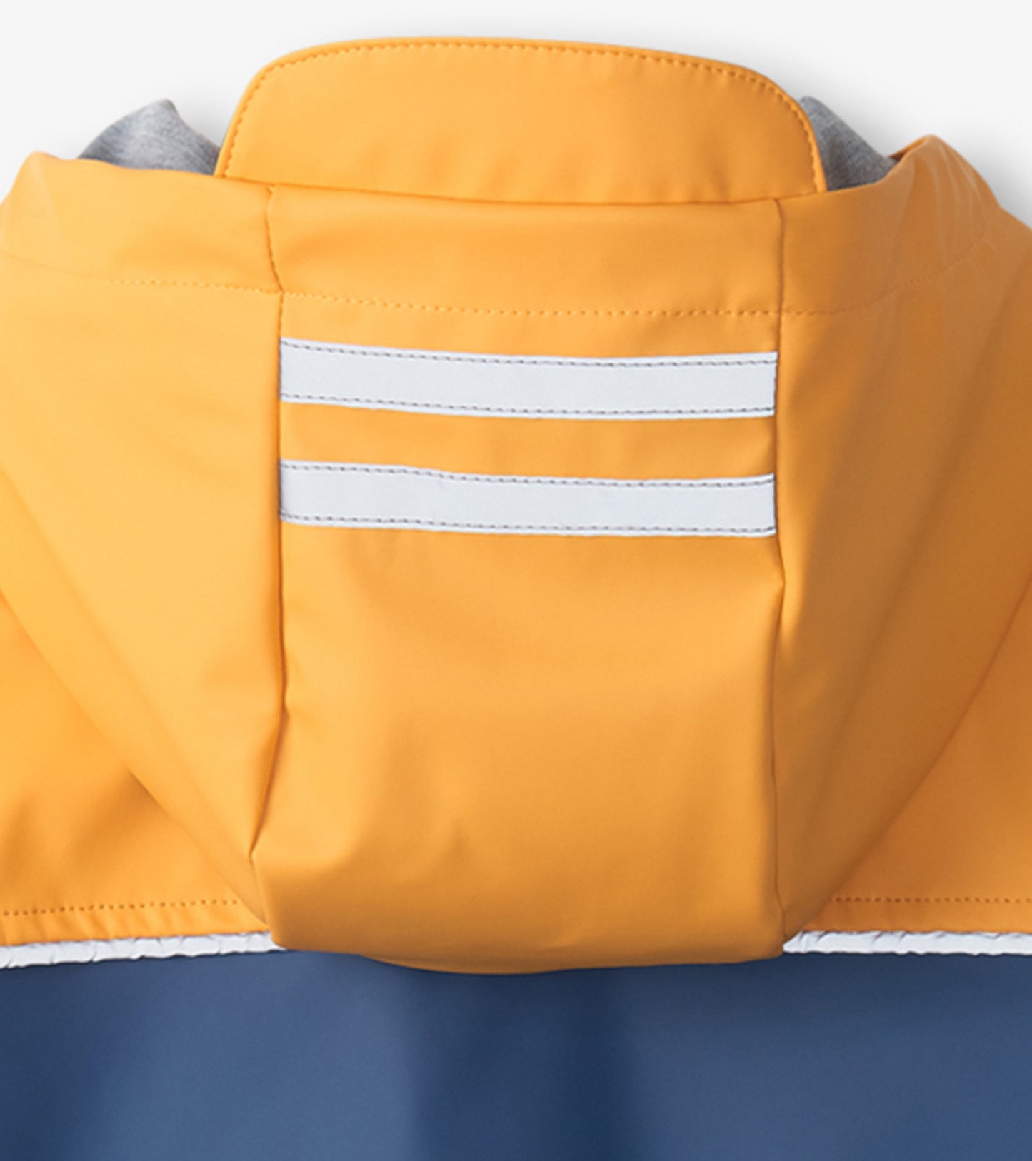 Yellow and navy zip-up rain jacket with a hood and reflective stripes on the back.