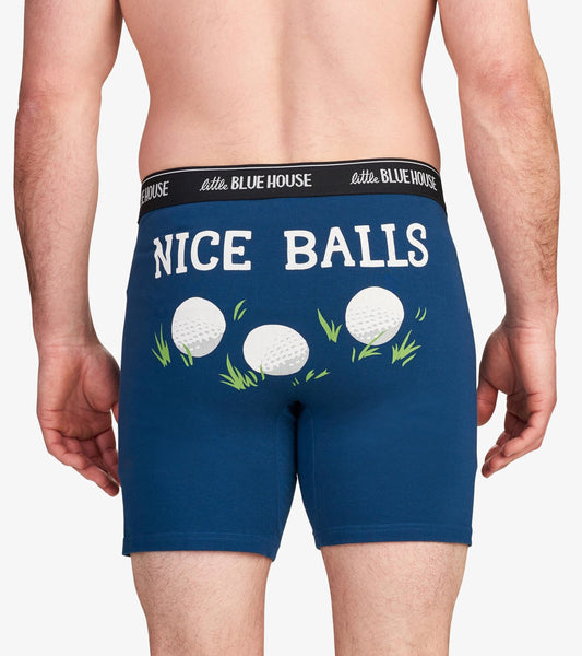 Navy blue boxer briefs featuring a playful golf ball graphic and "NICE BALLS" text on the back.