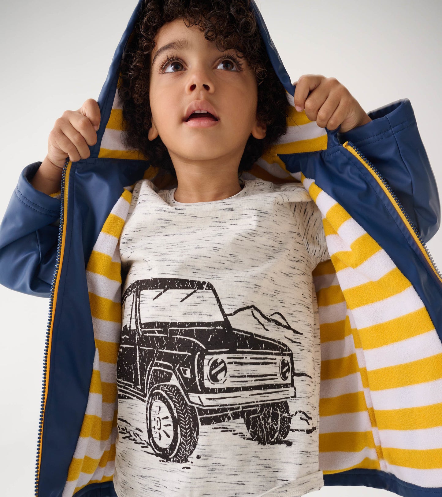 Manteau de pluie pour enfant – Bleu marine et rayures jaunes