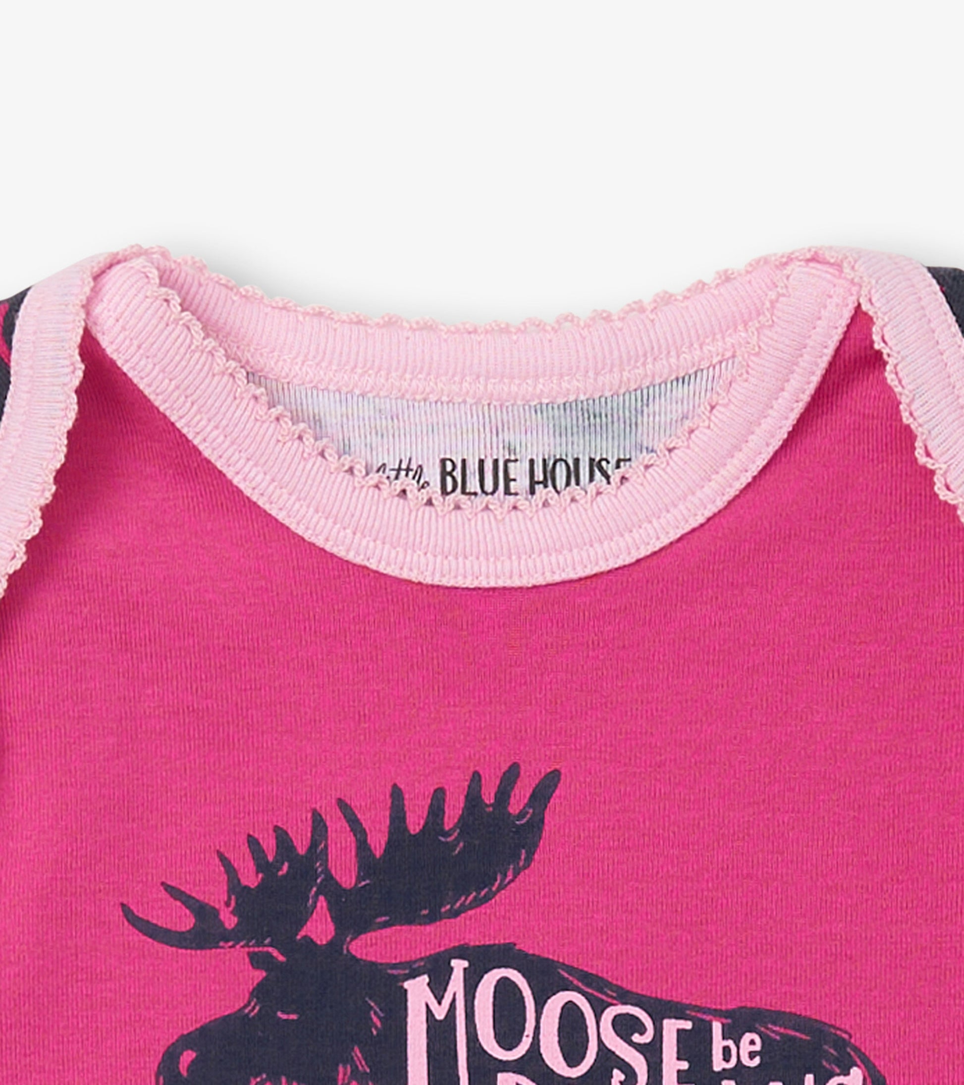 Pink baby bodysuit with a moose graphic and scalloped neckline, suitable for infants aged 3-24 months.