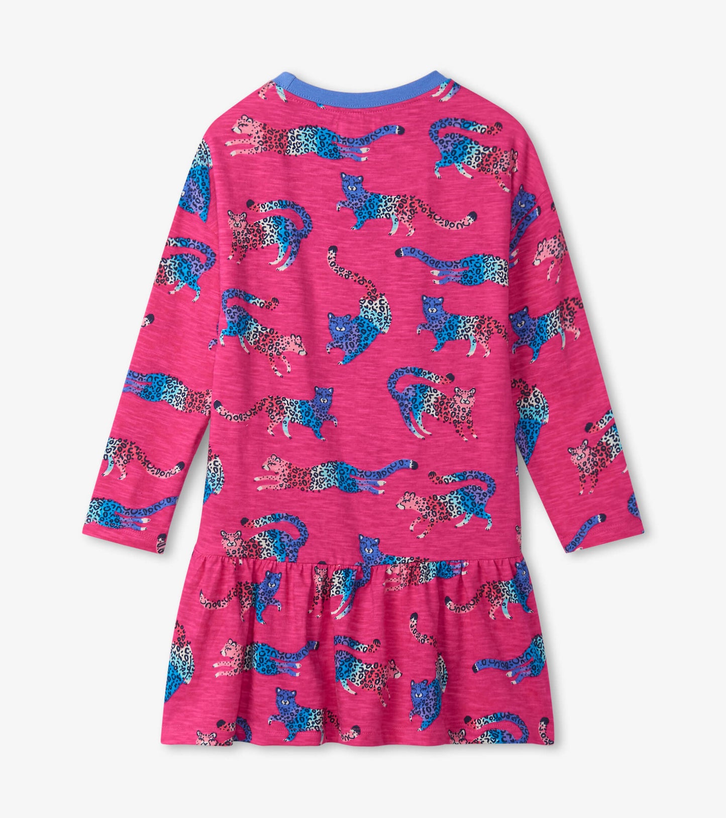 Pink long-sleeve dress with a playful cheetah print and a flared skirt. Features a round neckline and soft fabric.