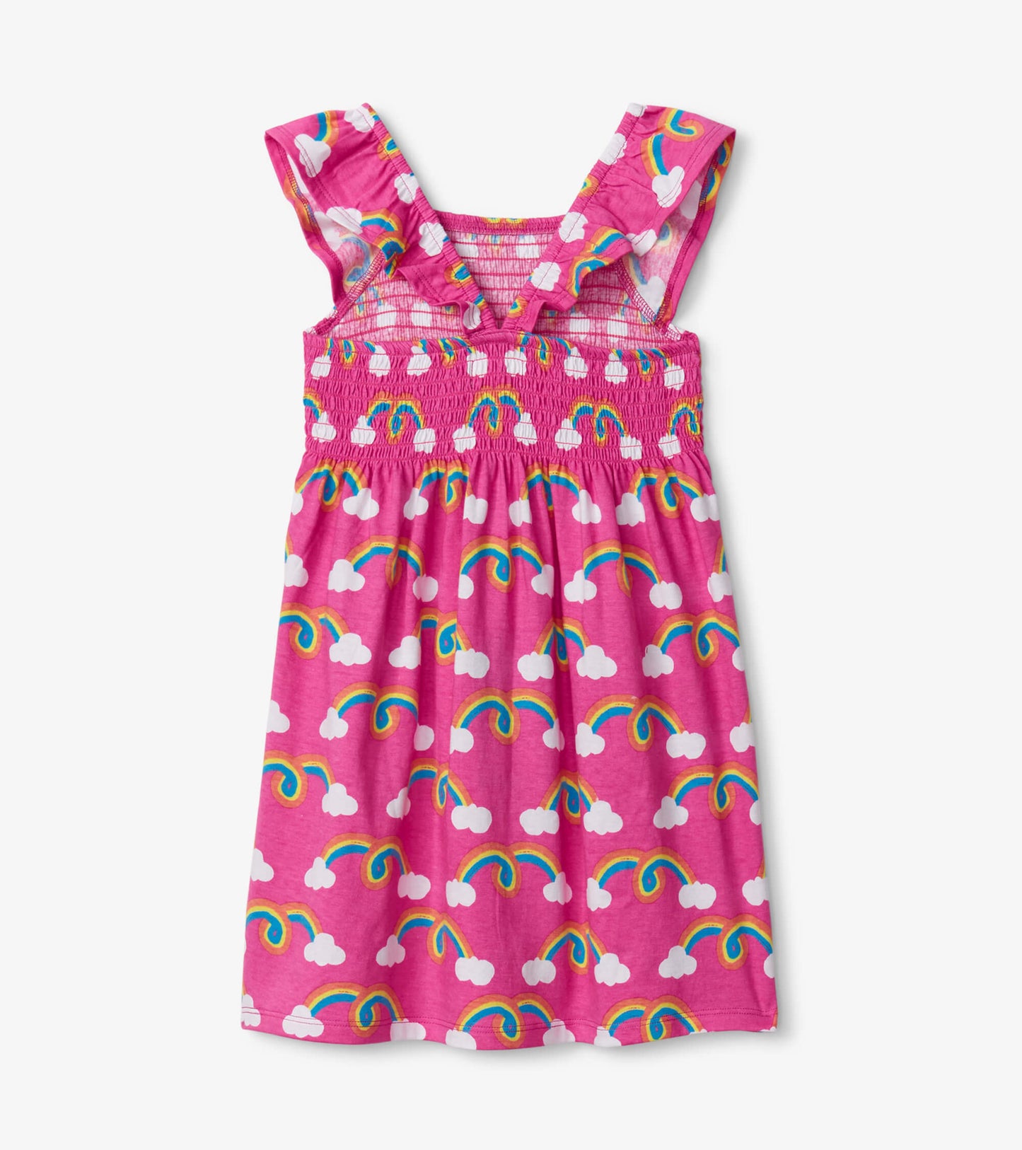 Pink smocked dress featuring rainbow and cloud pattern, with ruffled straps and a flared skirt.