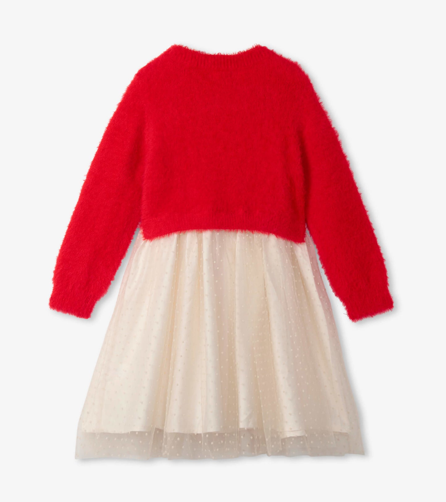 Red fuzzy sweater top with a cream polka dot tulle skirt, showcasing a mix media design for girls' holiday wear.