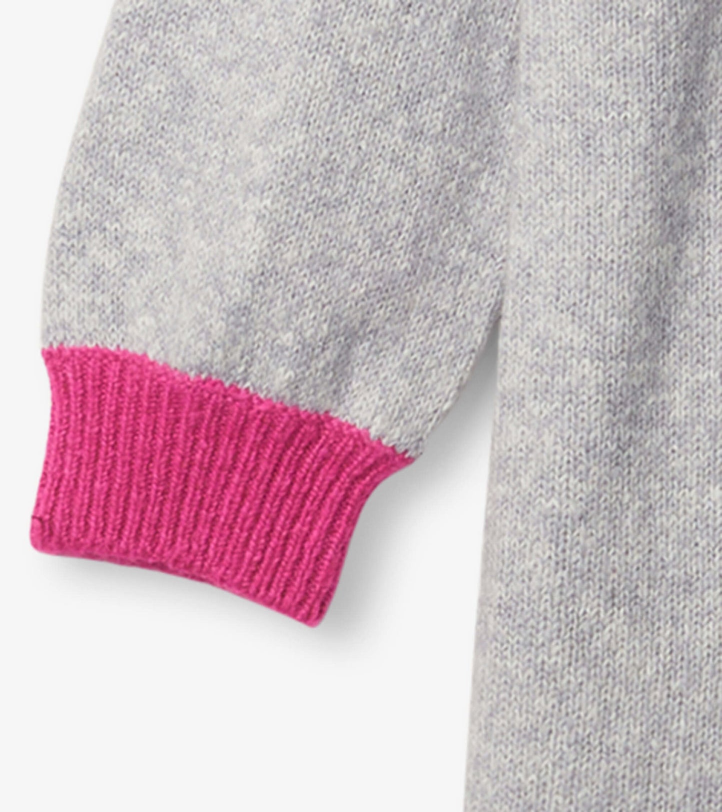 Gray sweater dress with pink ribbed cuffs, featuring a soft knit texture, suitable for casual wear.