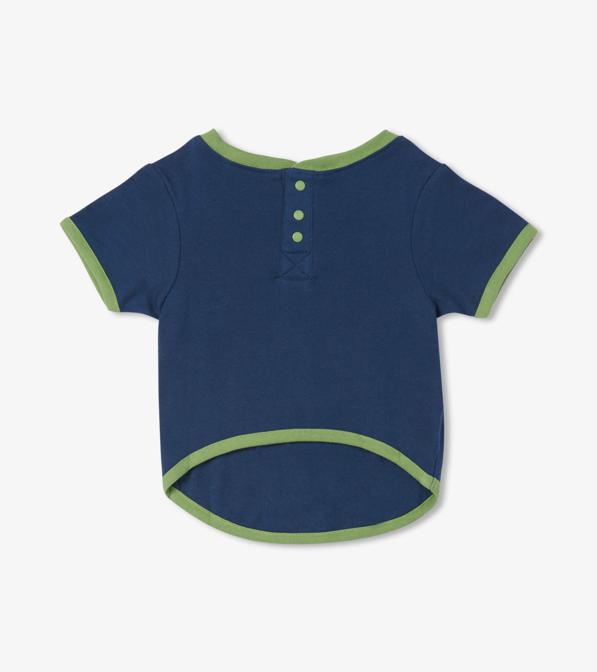 Navy blue dog tee with green trim, featuring a button closure at the back and a rounded hem.