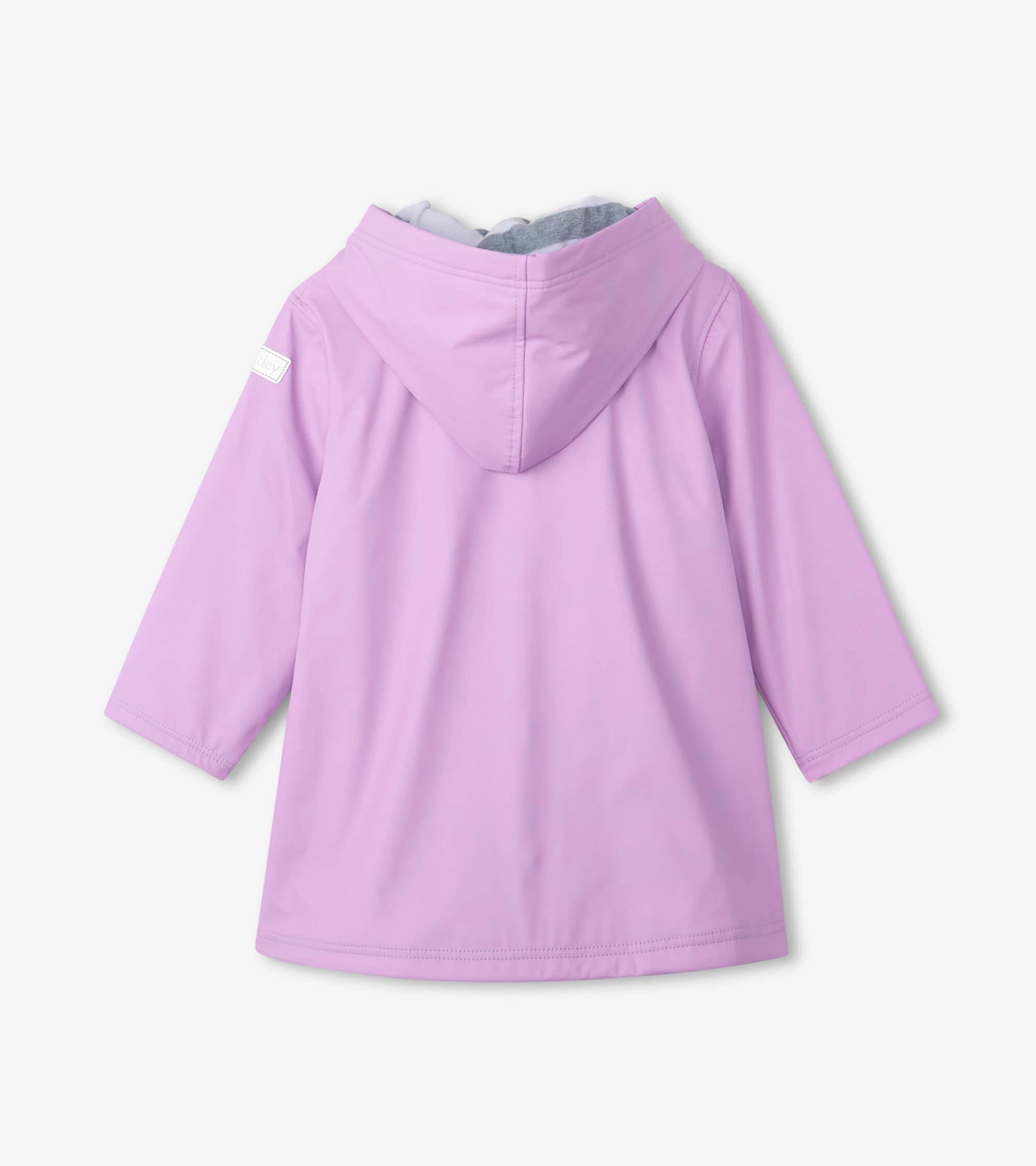 Lilac button-up rain jacket with a hood and long sleeves, featuring a smooth, water-resistant material.