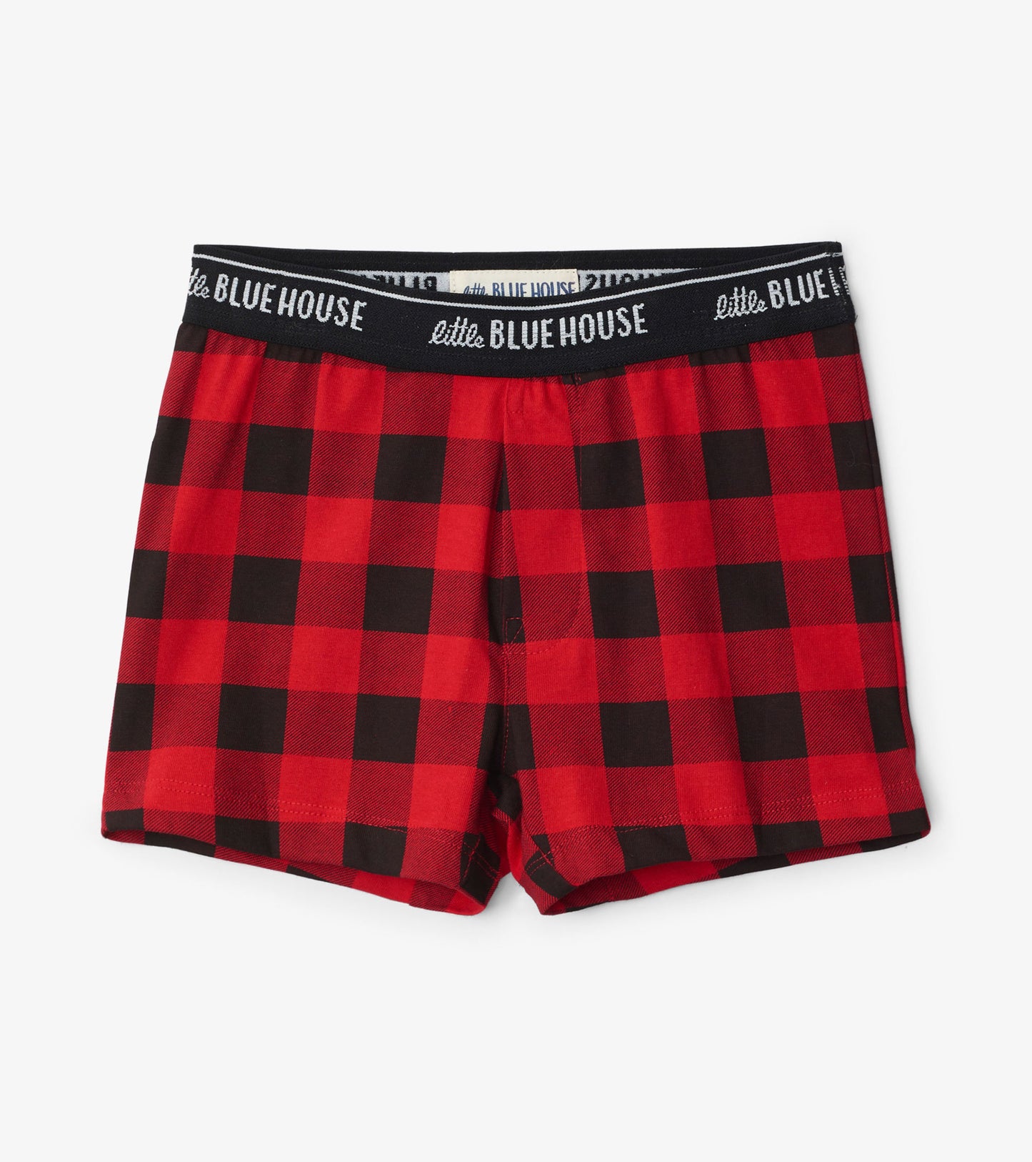 Red and black plaid boxer briefs with a black elastic waistband.