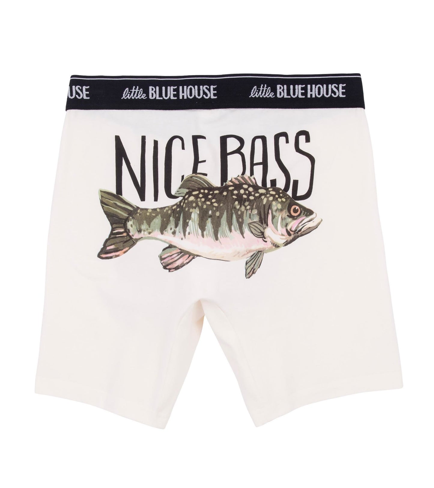 White boxer briefs featuring a graphic of a fish and the text "NICE BASS" on the back, with a black waistband.