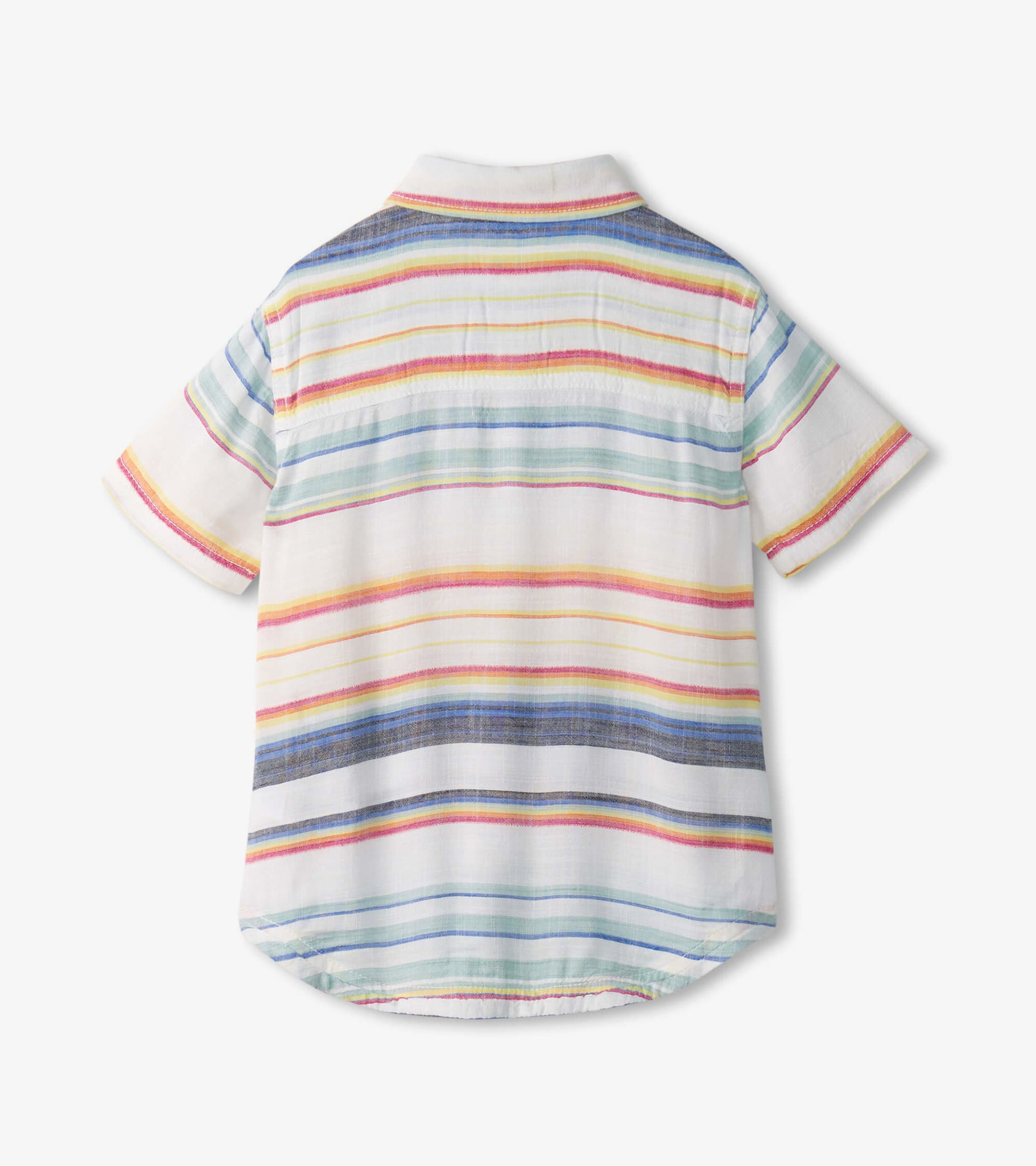 Short sleeve button-down shirt featuring colorful horizontal stripes on a white background, back view.
