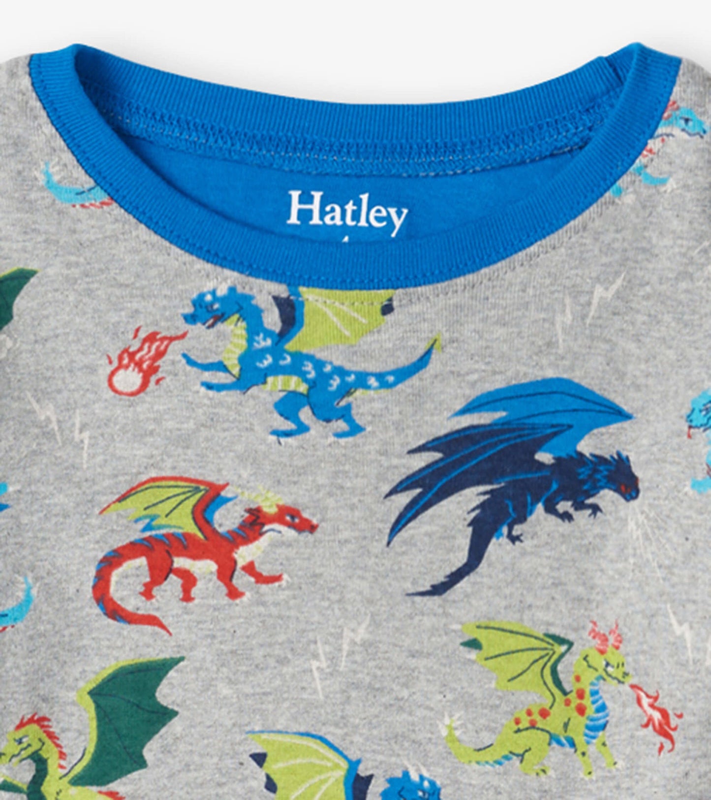 Gray organic cotton pajama set featuring colorful dragon prints and a blue crew neck. Ideal for kids' sleepwear.