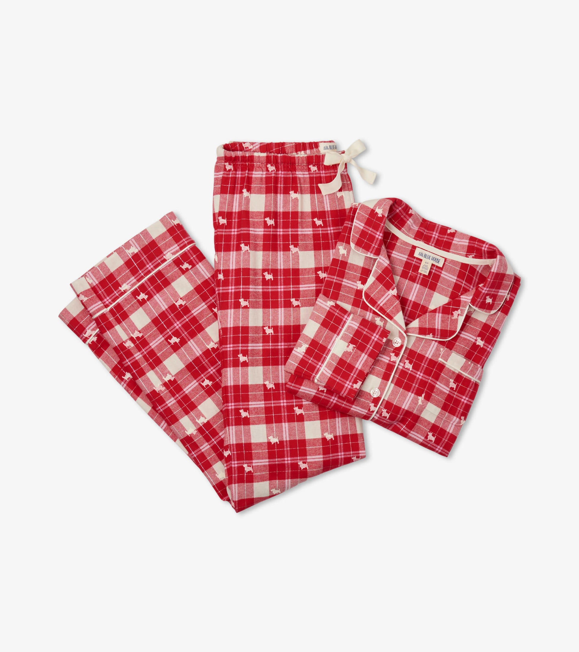 Red plaid flannel pajama set featuring a button-up top and matching pants with dog motifs.