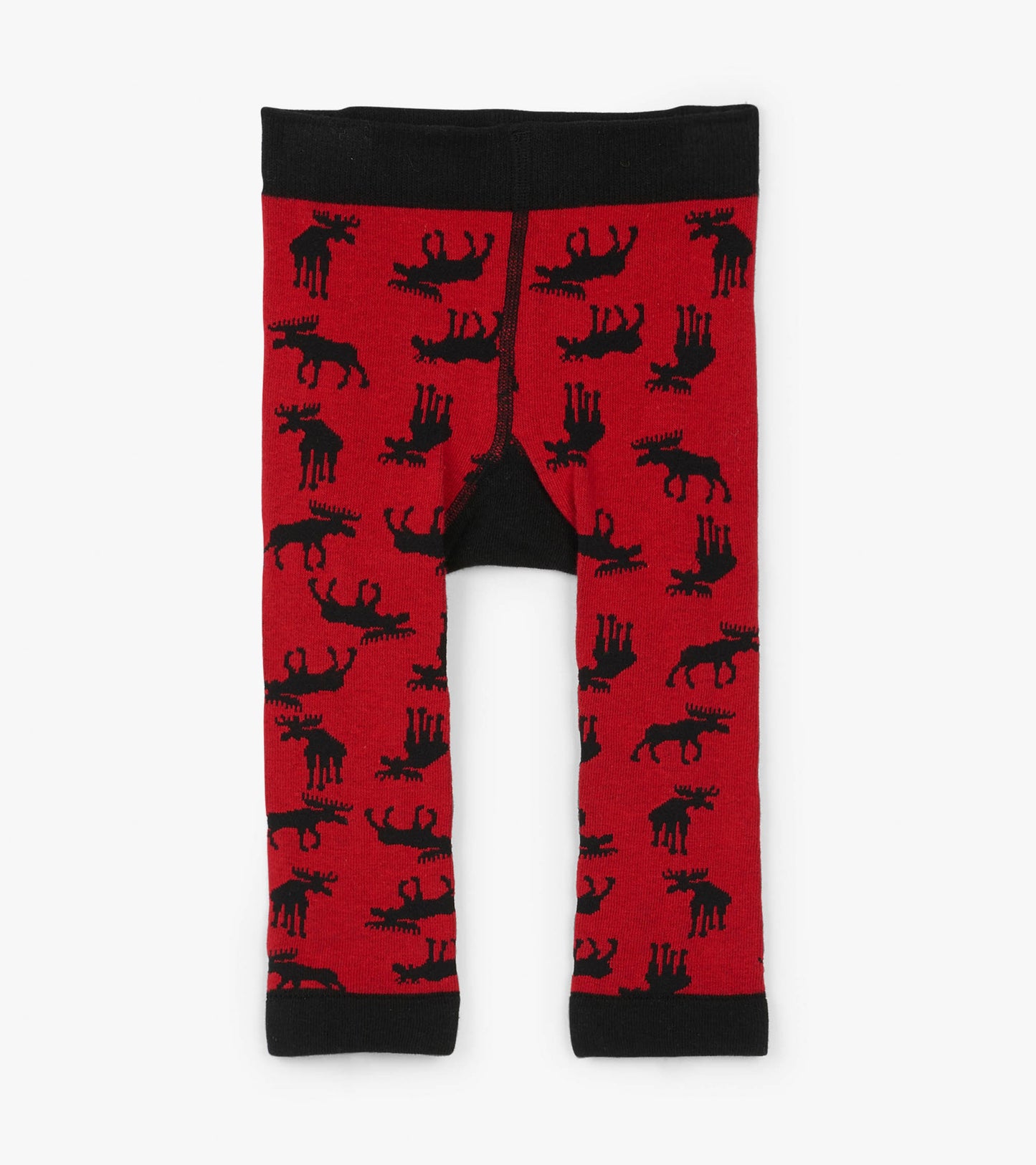 Red baby tights featuring a playful moose pattern in black, with a black waistband and cuffs.