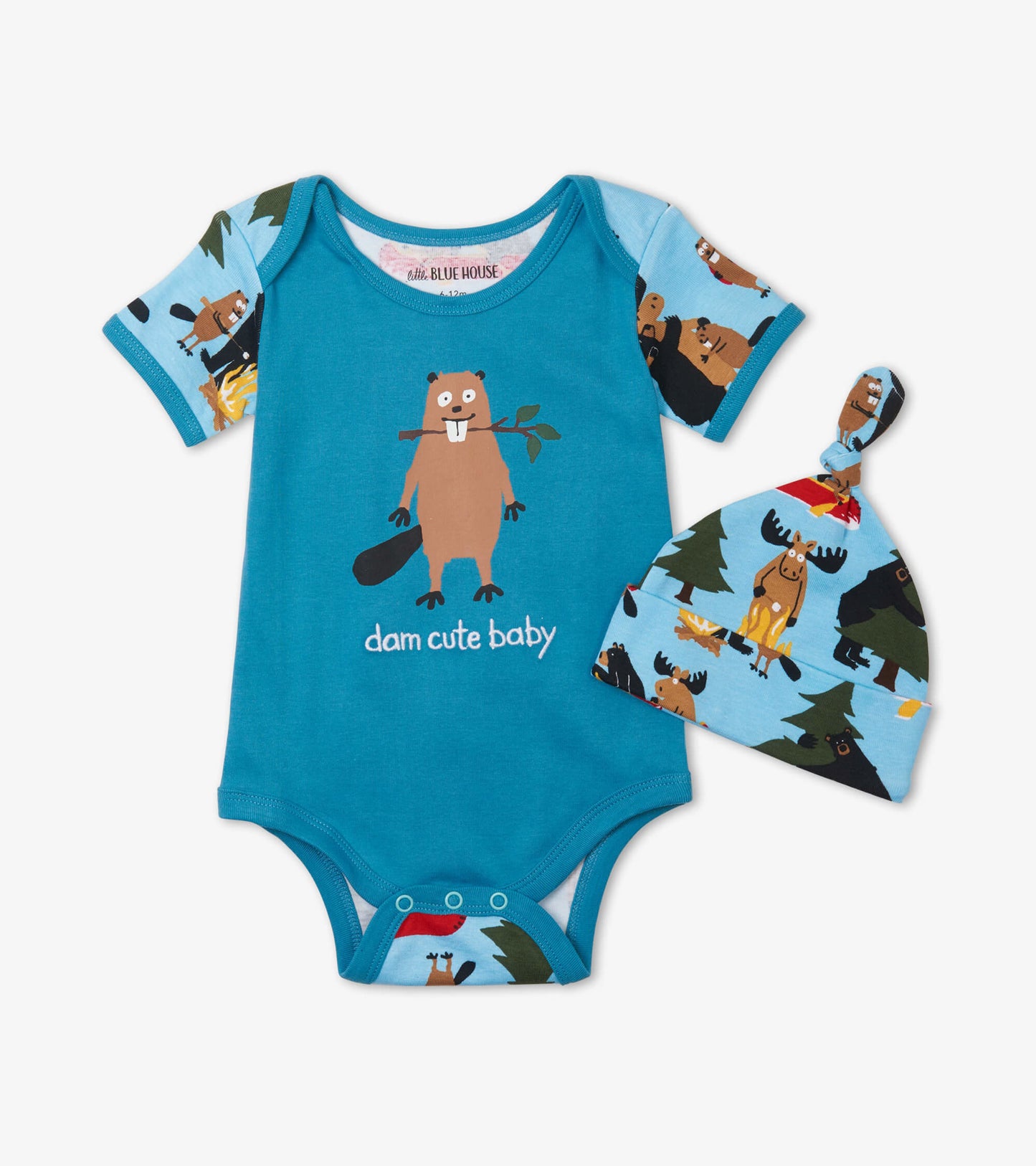 Turquoise bodysuit with animal print sleeves and matching hat, featuring a playful beaver graphic.
