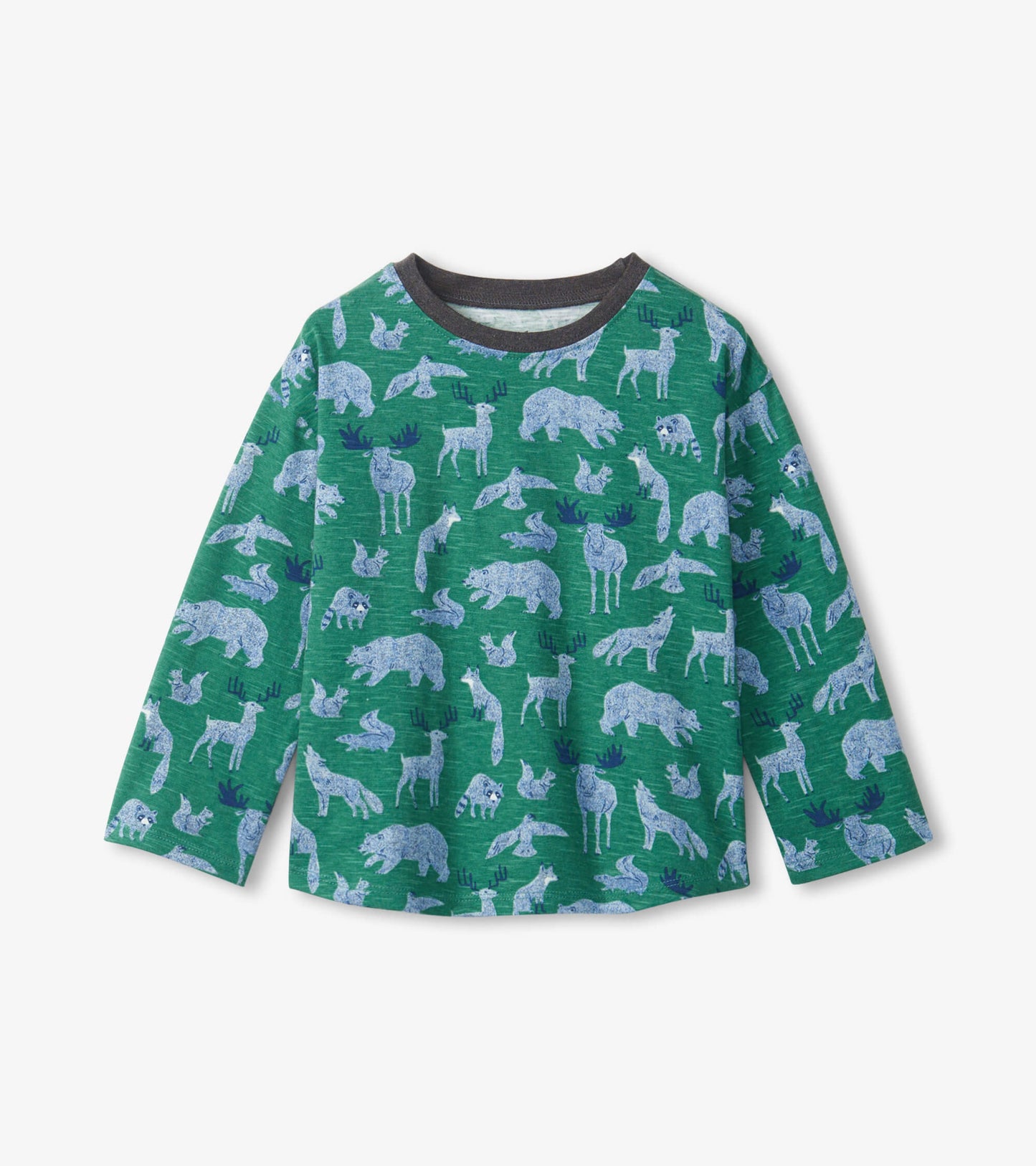 Green long sleeve t-shirt featuring a playful pattern of various forest animals in light blue.